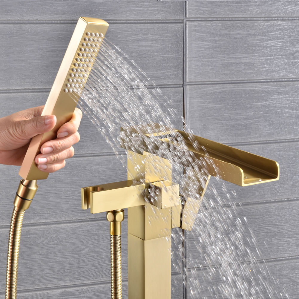 Casainc Freestanding 1-Handle Waterfall Bathtub Faucet with Handheld Shower (Brushed Gold)-CASAINC
