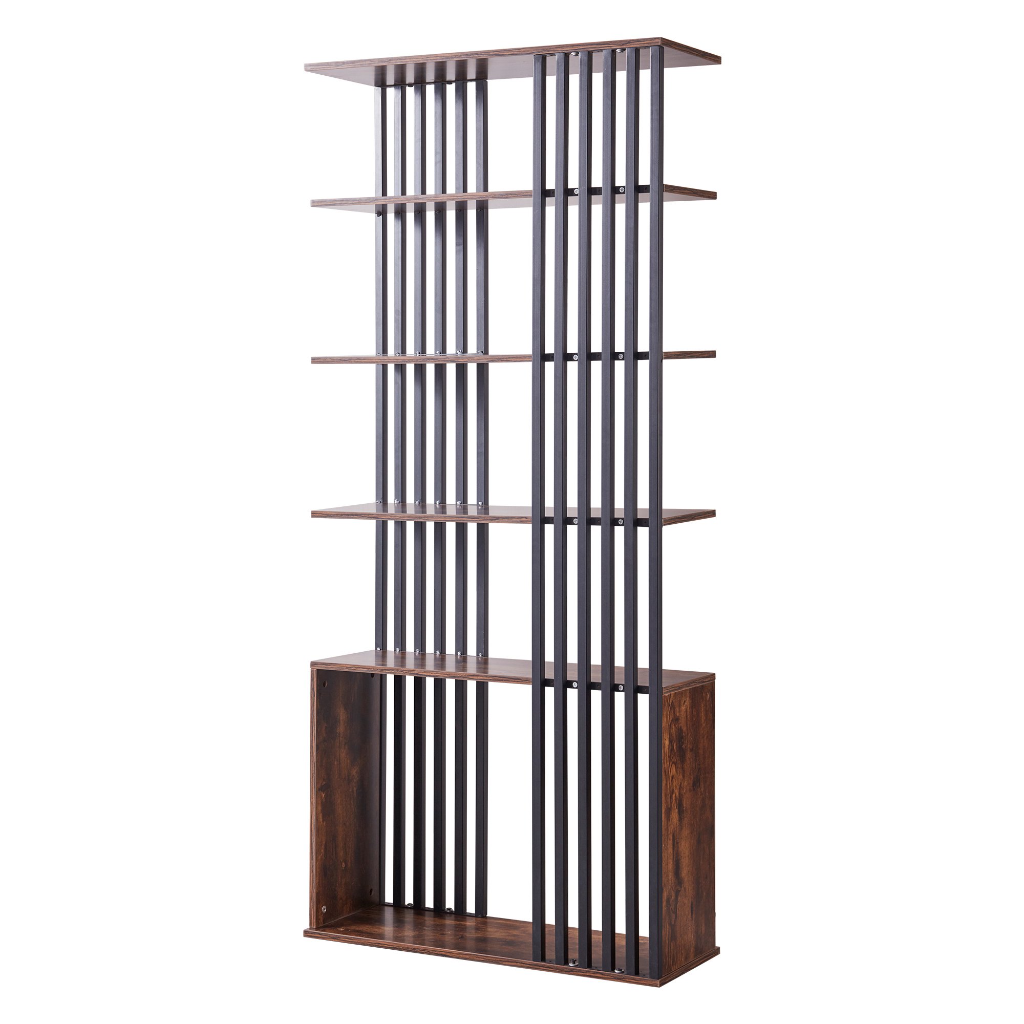 71 in. H Brown Wood 5-Shelf Standard Bookcase with Open Back And Slat Metal Frame-CASAINC