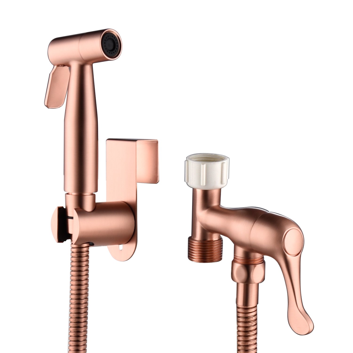 Single-Handle Bidet Faucet with Sprayer Holder, Solid Brass T-Valve and Flexible Hose in Brushed Rose Gold-CASAINC