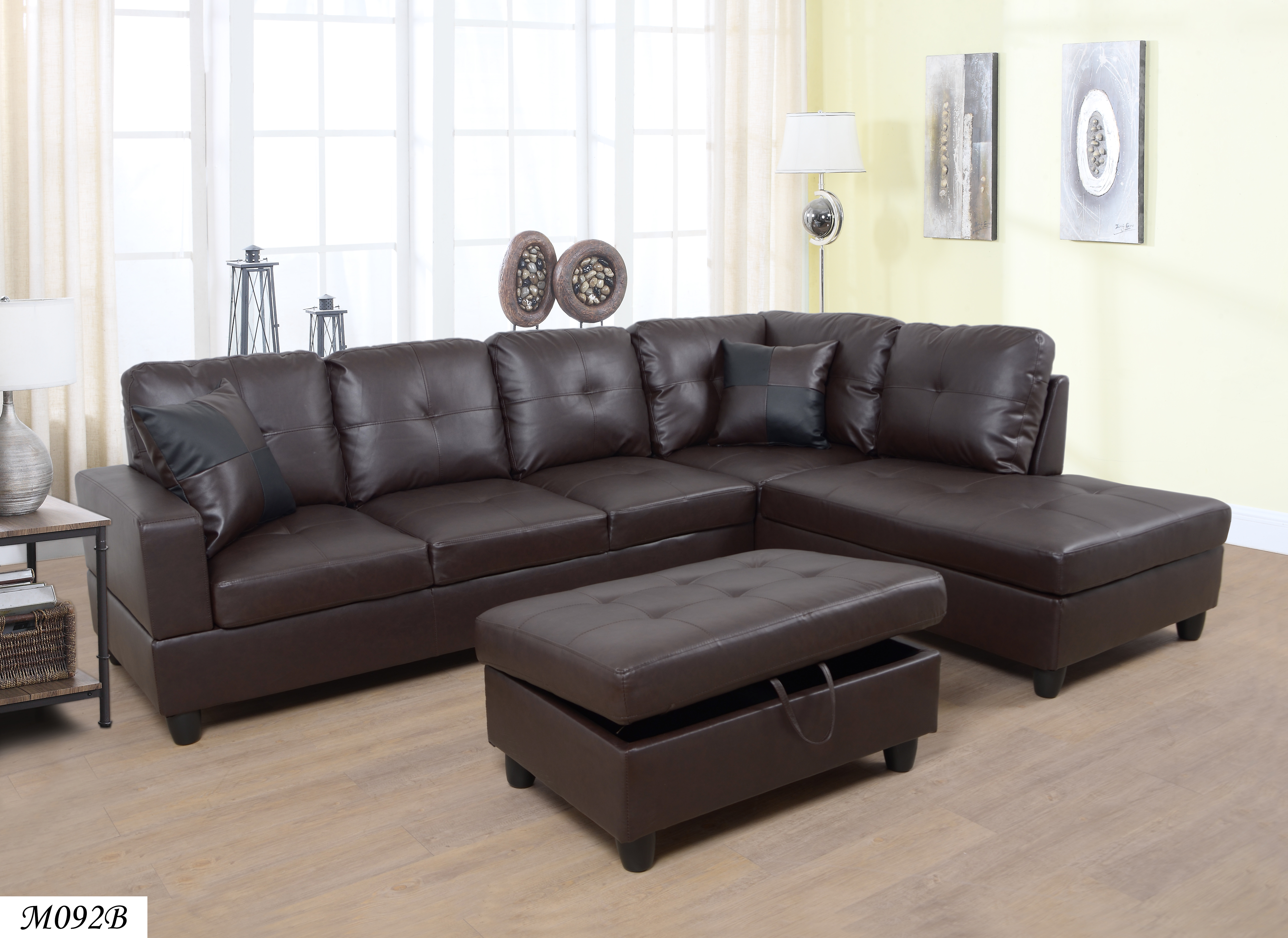 3 PC Sectional Sofa Set, (Brown) Faux Leather Right -Facing Chaise with Free Storage Ottoman-CASAINC