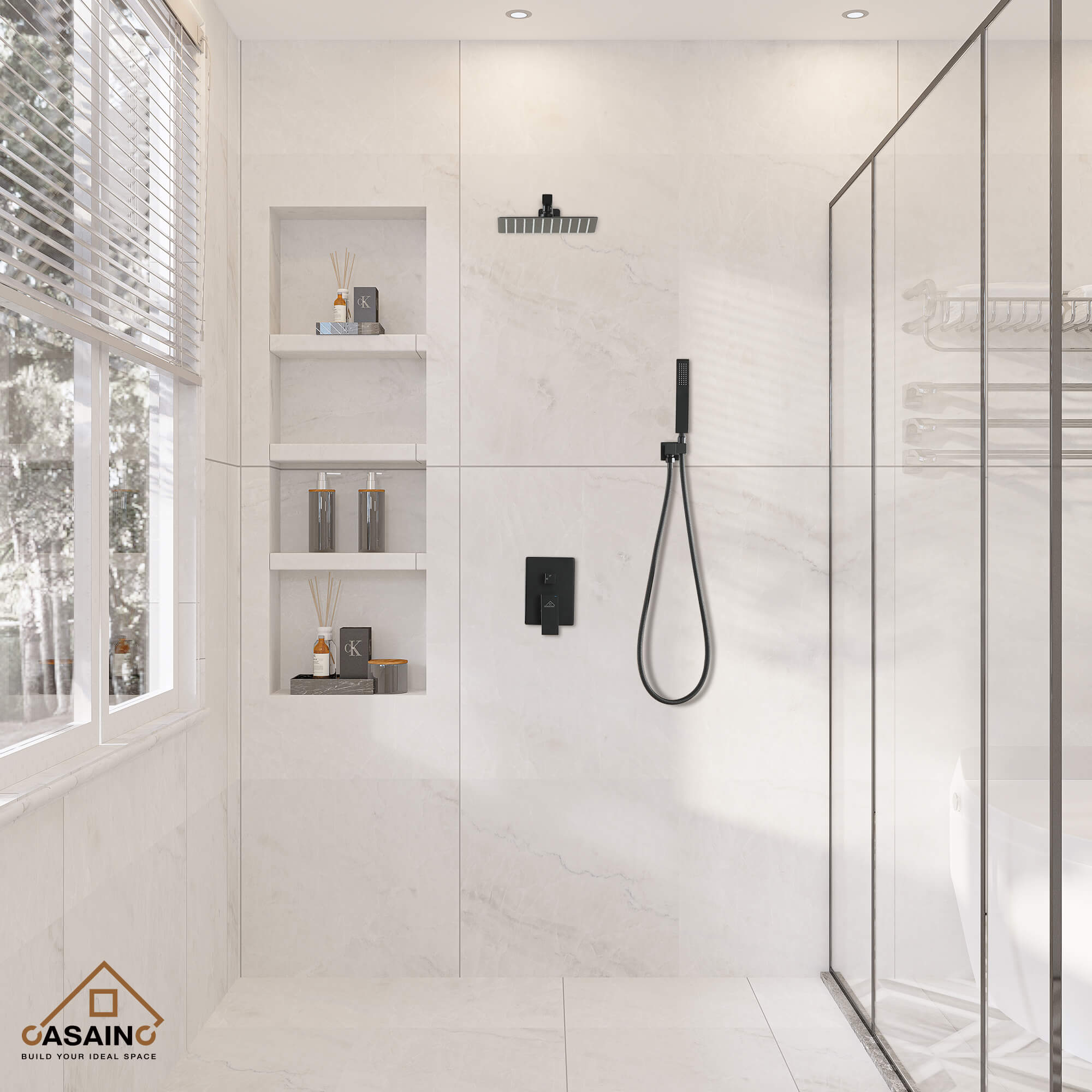 CASAINC Wall-Mounted/Ceiling-Mounted 2-Function Shower System with Handheld Shower in Matte Black