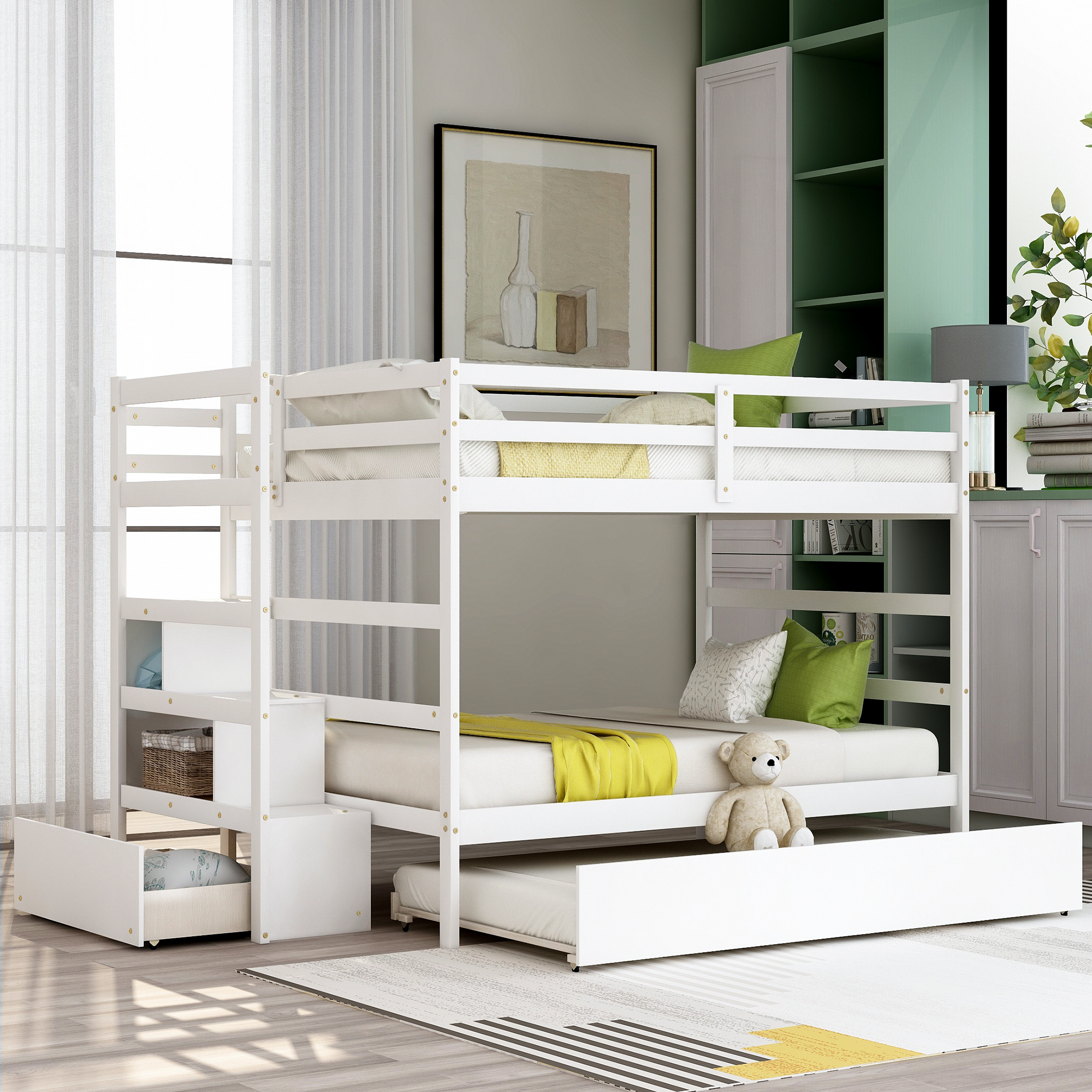 Full over Full Bunk Bed with Twin Size Trundle White