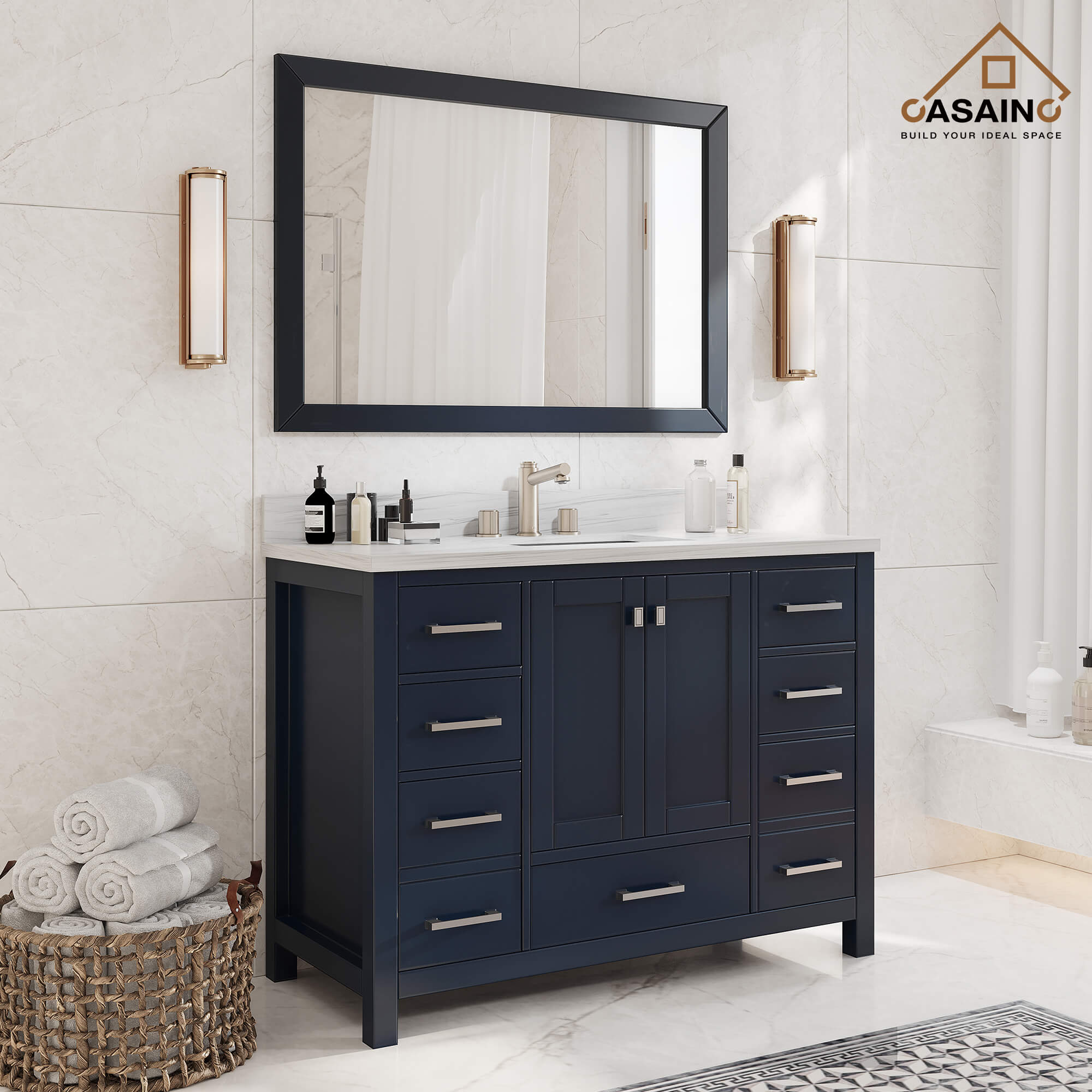 CASAINC 48 x 22 x 35.4 in. Solid Wood Navy Blue Bath Vanity with Carrara White Marble Countertop (No/With Mirror)