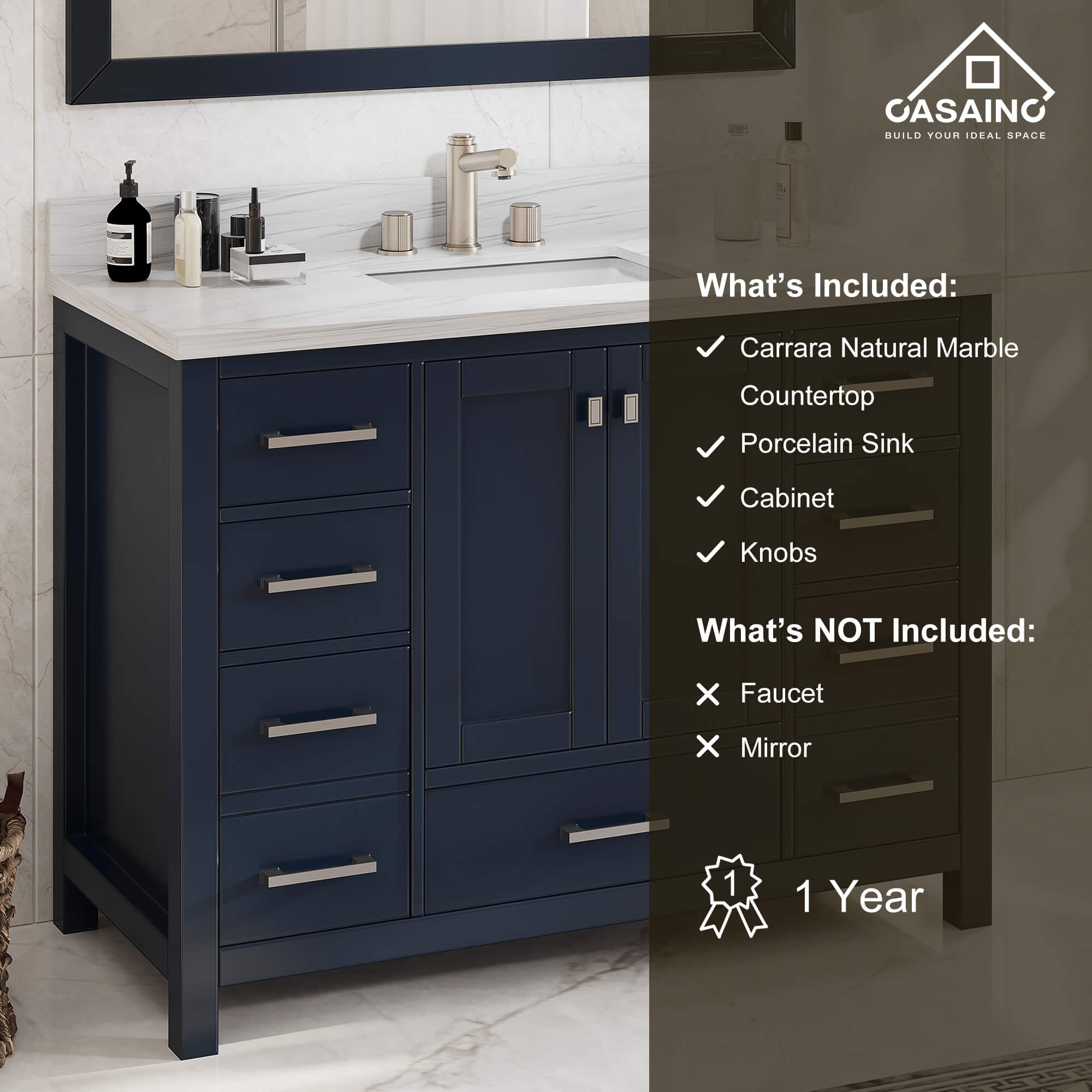 CASAINC 48 x 22 x 35.4 in. Solid Wood Navy Blue Bath Vanity with Carrara White Marble Countertop (No/With Mirror)