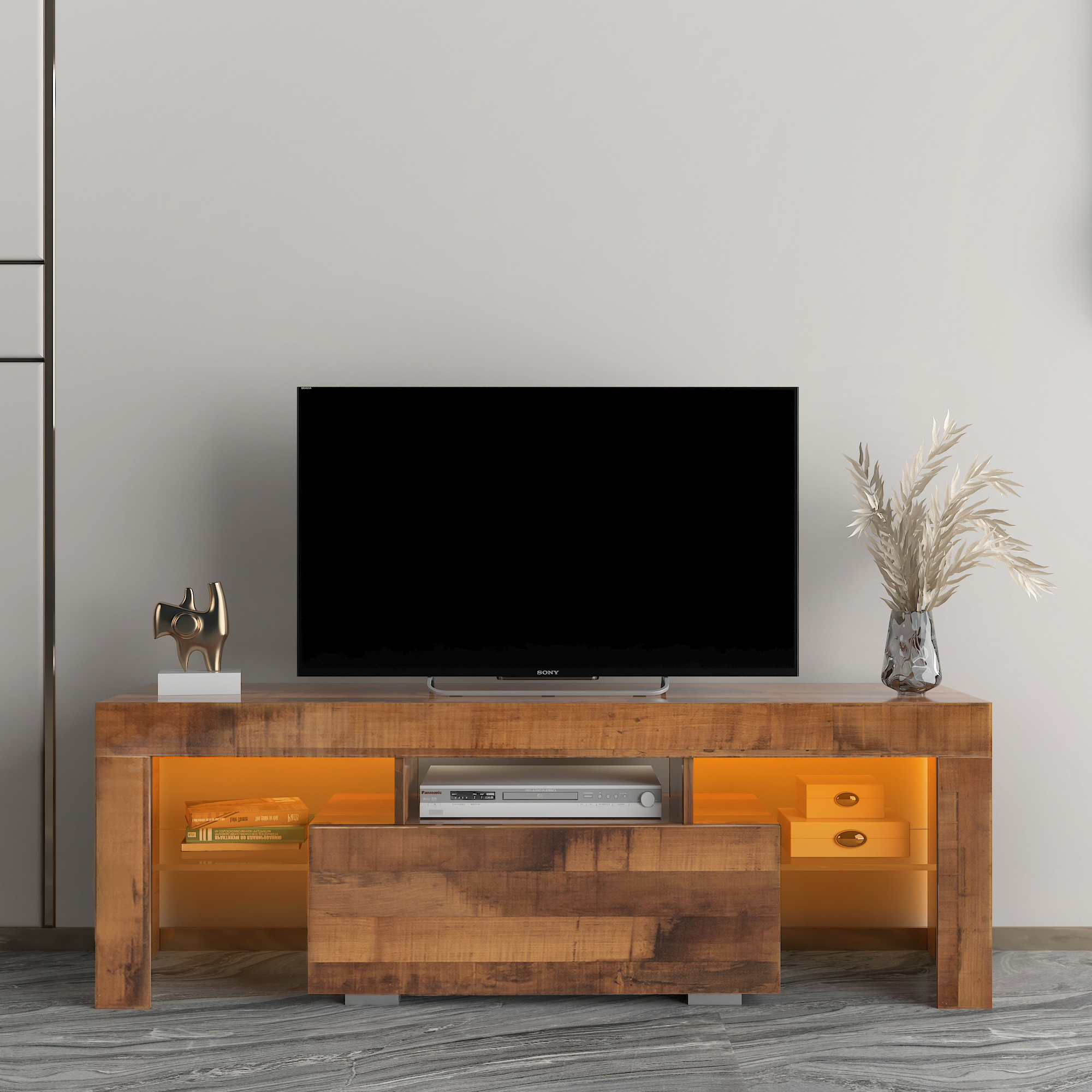 TV Stand with LED RGB Lights,Flat Screen TV Cabinet, Gaming Consoles - in Lounge Room, Living Room and Bedroom,WALNUT-CASAINC