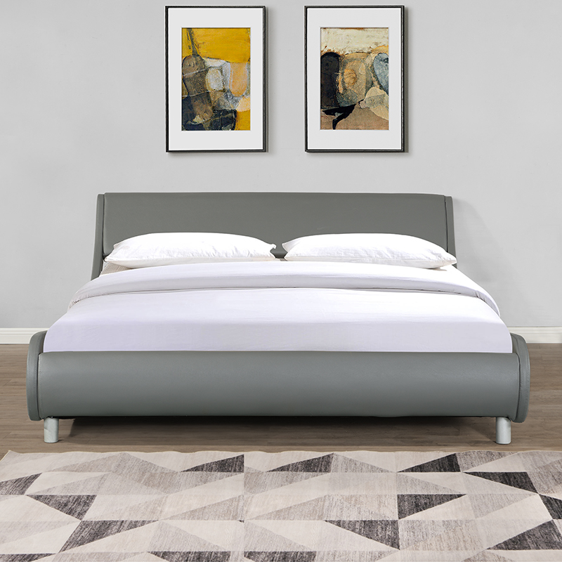 Faux Leather Upholstered Platform Bed Frame, Curve Design, Wood Slat Support, No Box Spring Needed, Easy Assemble, Queen Size, Gray-CASAINC