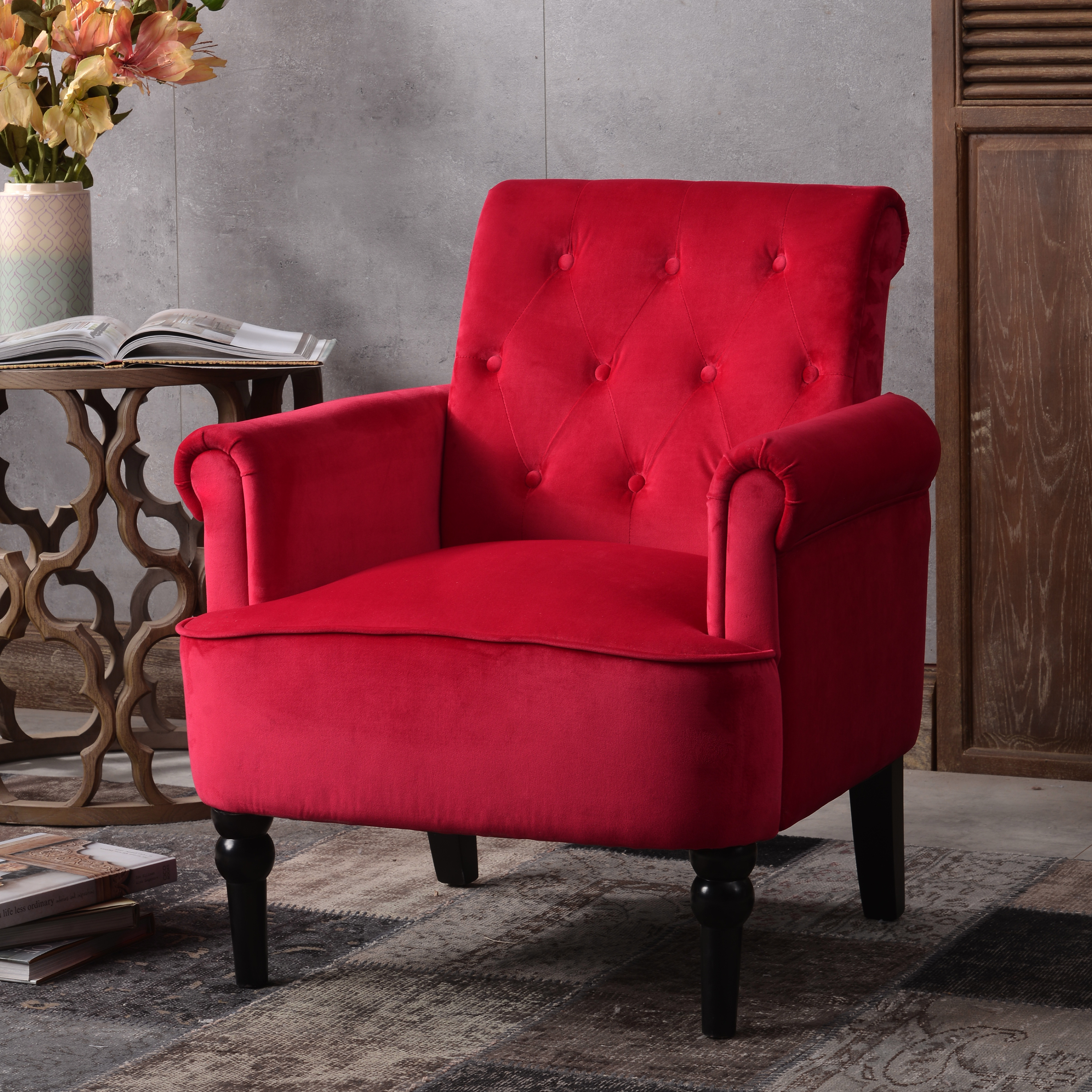 Elegant Button Tufted Club Chair Accent Armchairs Roll Arm Living Room Cushion with Wooden Legs, Deep Burgundy-CASAINC