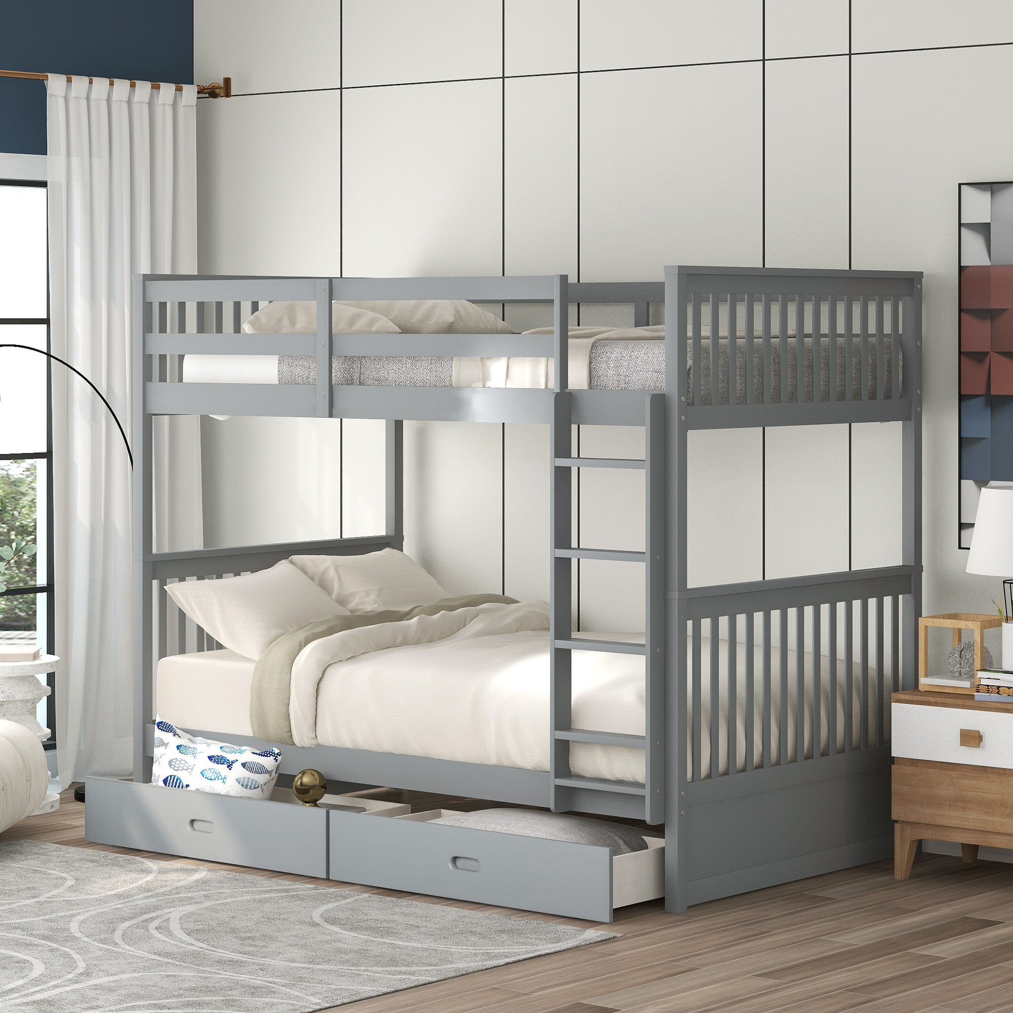 Twin-Over-Twin Bunk Bed with Ladders and Two Storage Drawers (Gray)-CASAINC