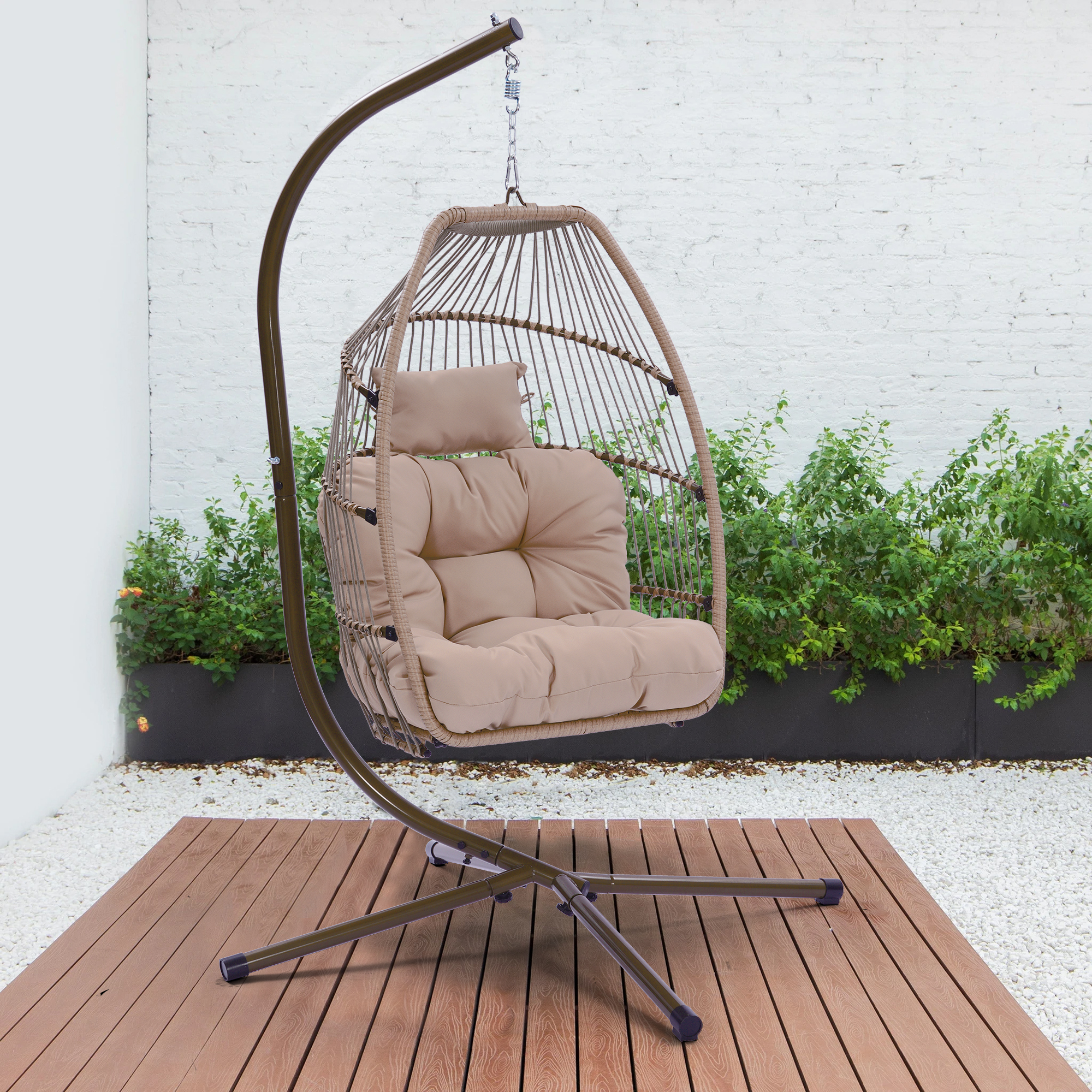 Outdoor Patio Wicker Folding Hanging Chair,Rattan Swing Hammock Egg Chair With Cushion And Pillow-CASAINC