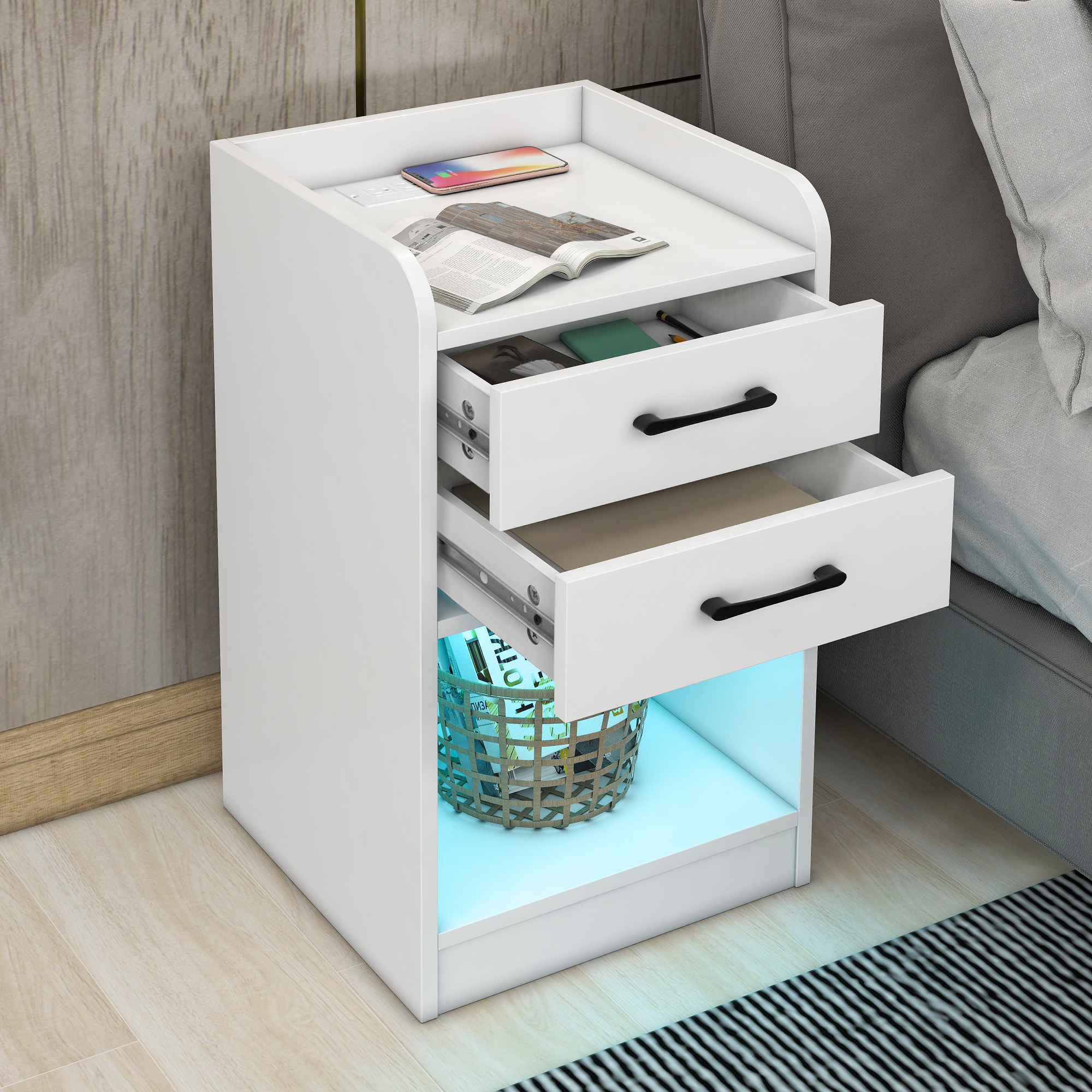 Nightstand with 2 Drawers and Cabinet,USB Charging Ports,Wireless Charging and Remote Control LED Light White