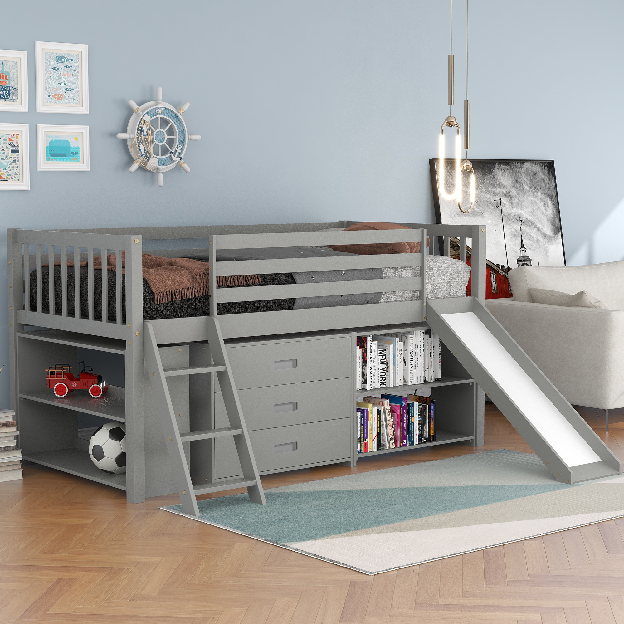 Low Loft Bed with Attached Bookcases and Separate 3-tier Drawers,Convertible Ladder and Slide,Twin,Gray-CASAINC
