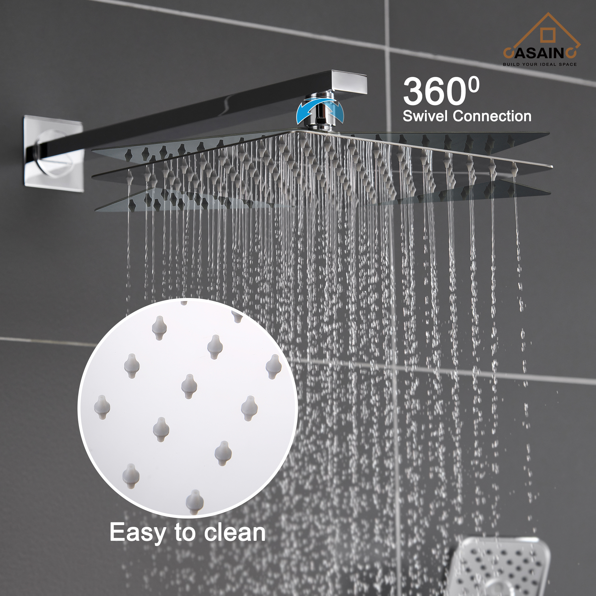 CASAINC 10 inch Square Wall-mounted rain shower faucet with pressure balanced valve