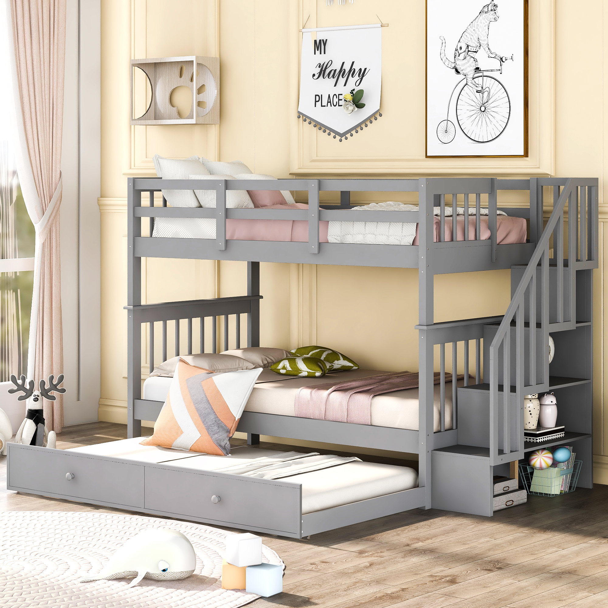 Stairway Twin-Over-Twin Bunk Bed with Twin size Trundle for Bedroom, Dorm, Adults, Gray( old sku: LP000209AAE )-CASAINC