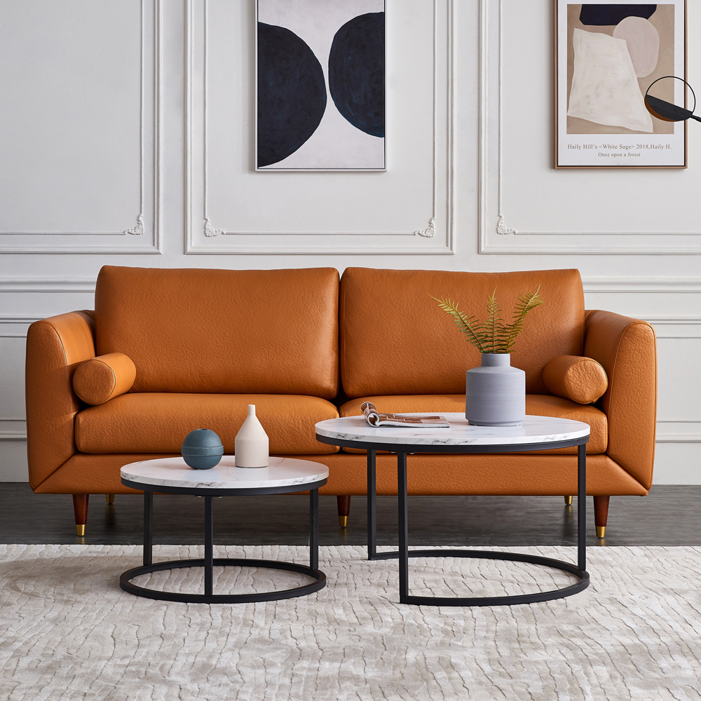 Modern Nesting coffee table,Black metal frame with marble color top-31.5&rdquo;-CASAINC