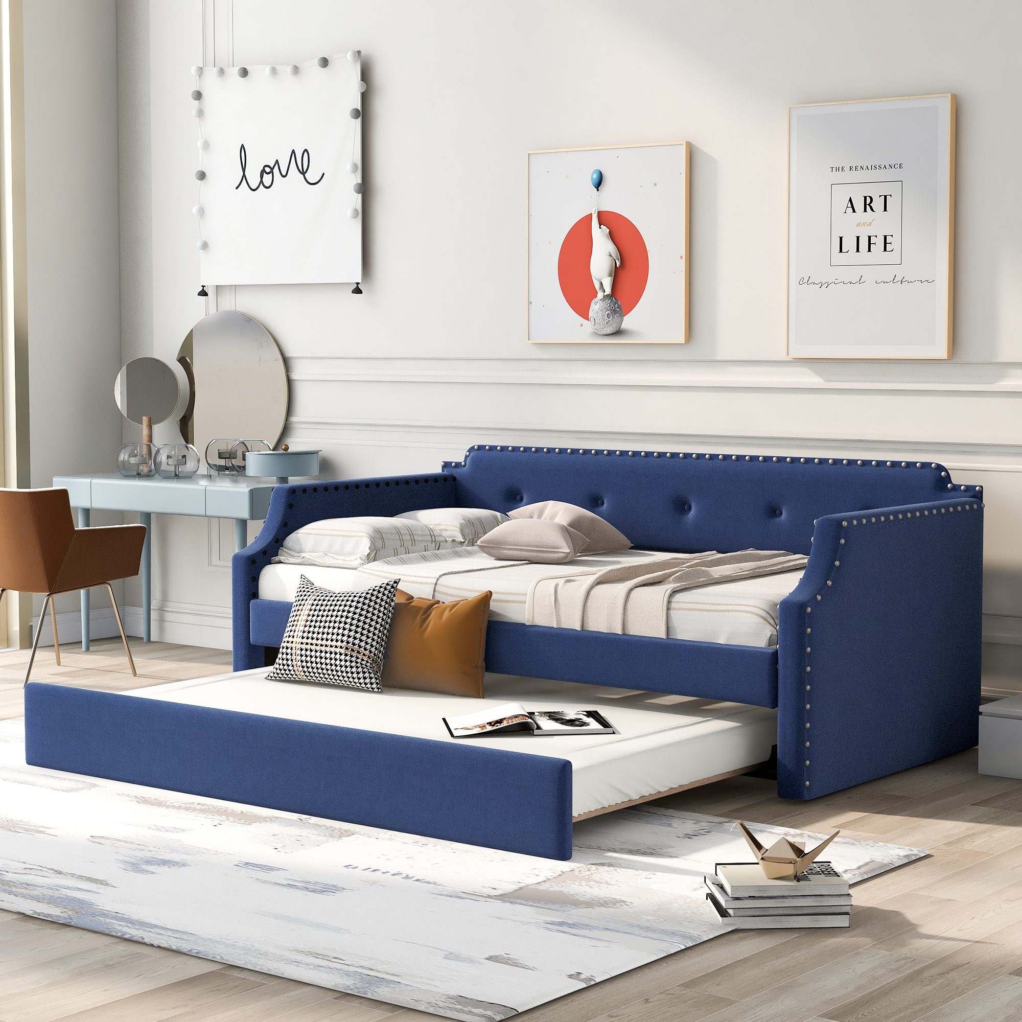 Upholstered Daybed with Trundle, Wood Slat Support,Upholstered Frame Sofa Bed , Twin,Blue-CASAINC
