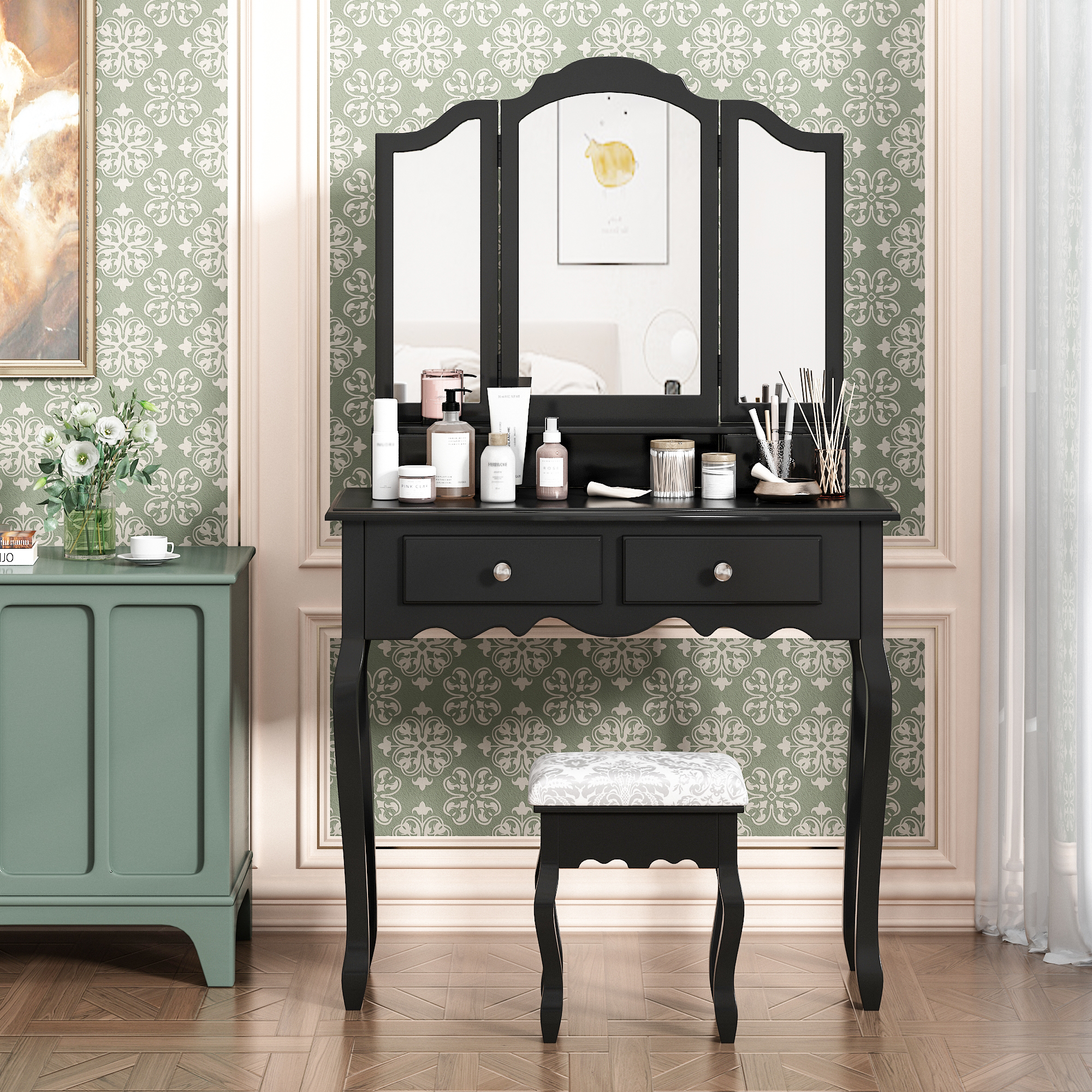 Makeup Vanity Table with Mirror, Wooden Dresser With Stool  4 Drawers-CASAINC