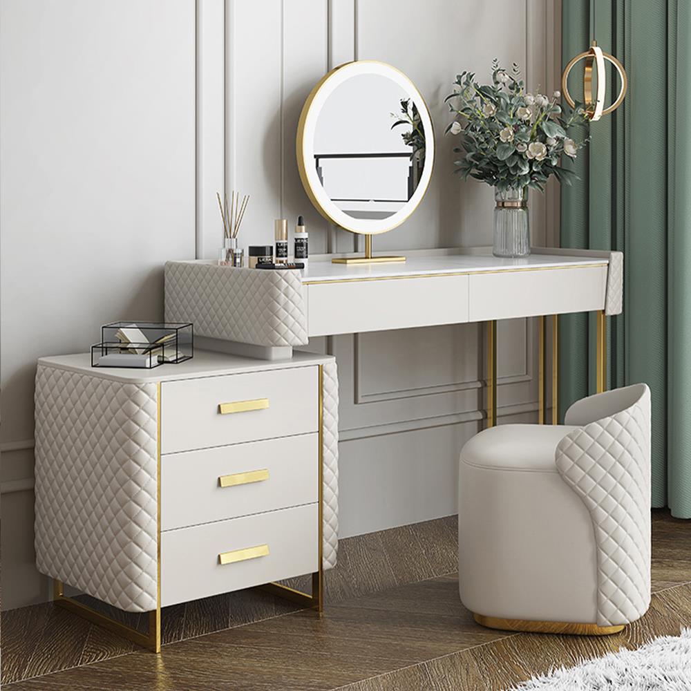Luxury Makeup Vanity Set with LED Lighted Mirror, Side Cabinet and 5 Drawers, Modern Sintered Stone Dressing Table with Stool, 31.5', White