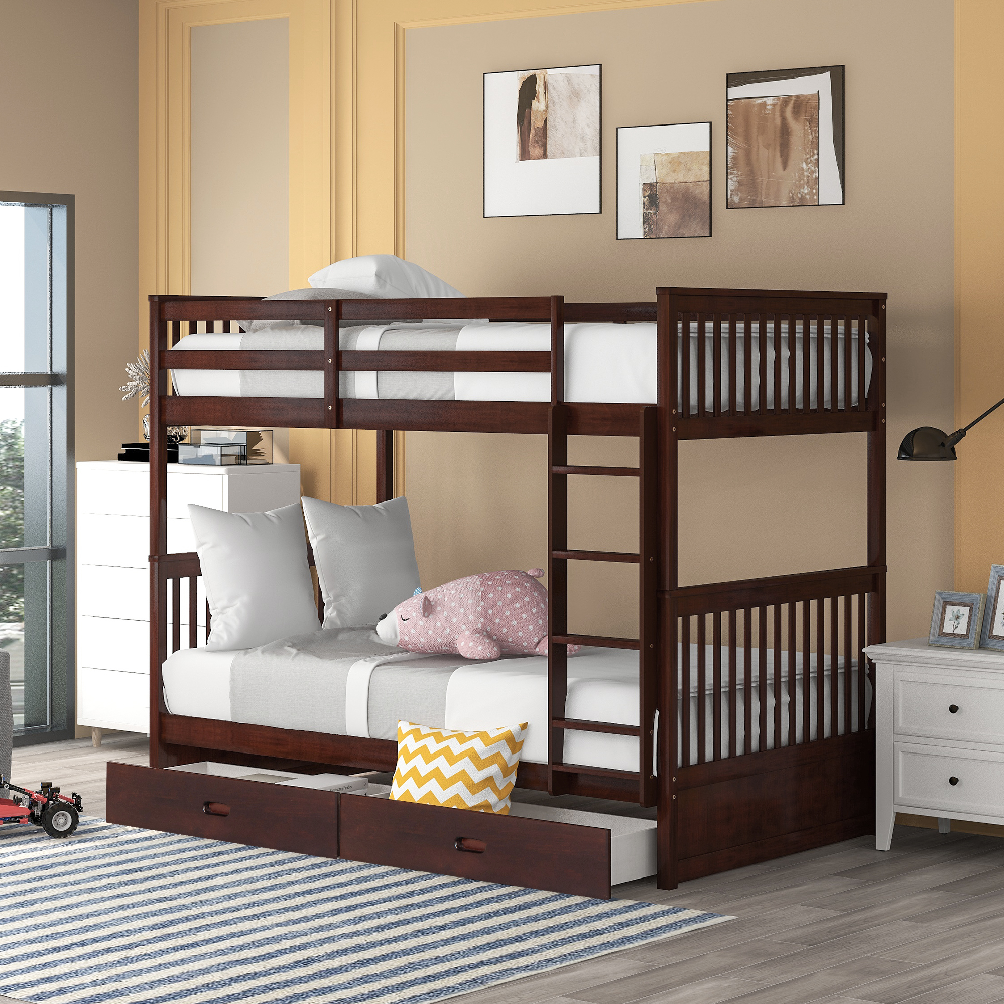 Twin-Over-Twin Bunk Bed with Ladders and Two Storage Drawers (Espresso)-CASAINC