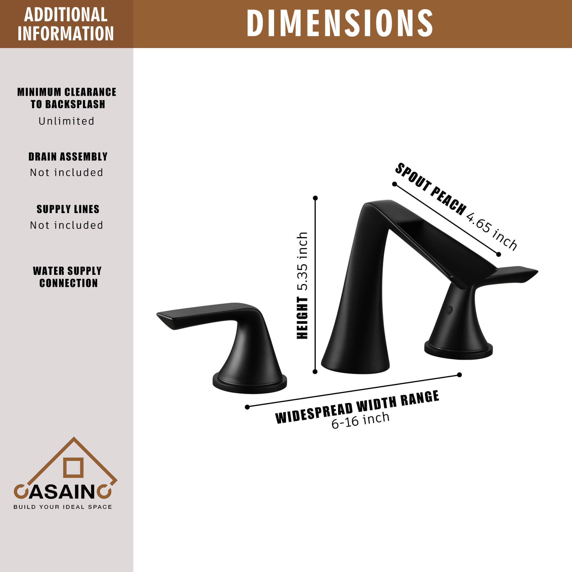 Casainc Matte Black 5.35-in 2-Handle Widespread Watersense Labelled Bathroom Sink Faucet