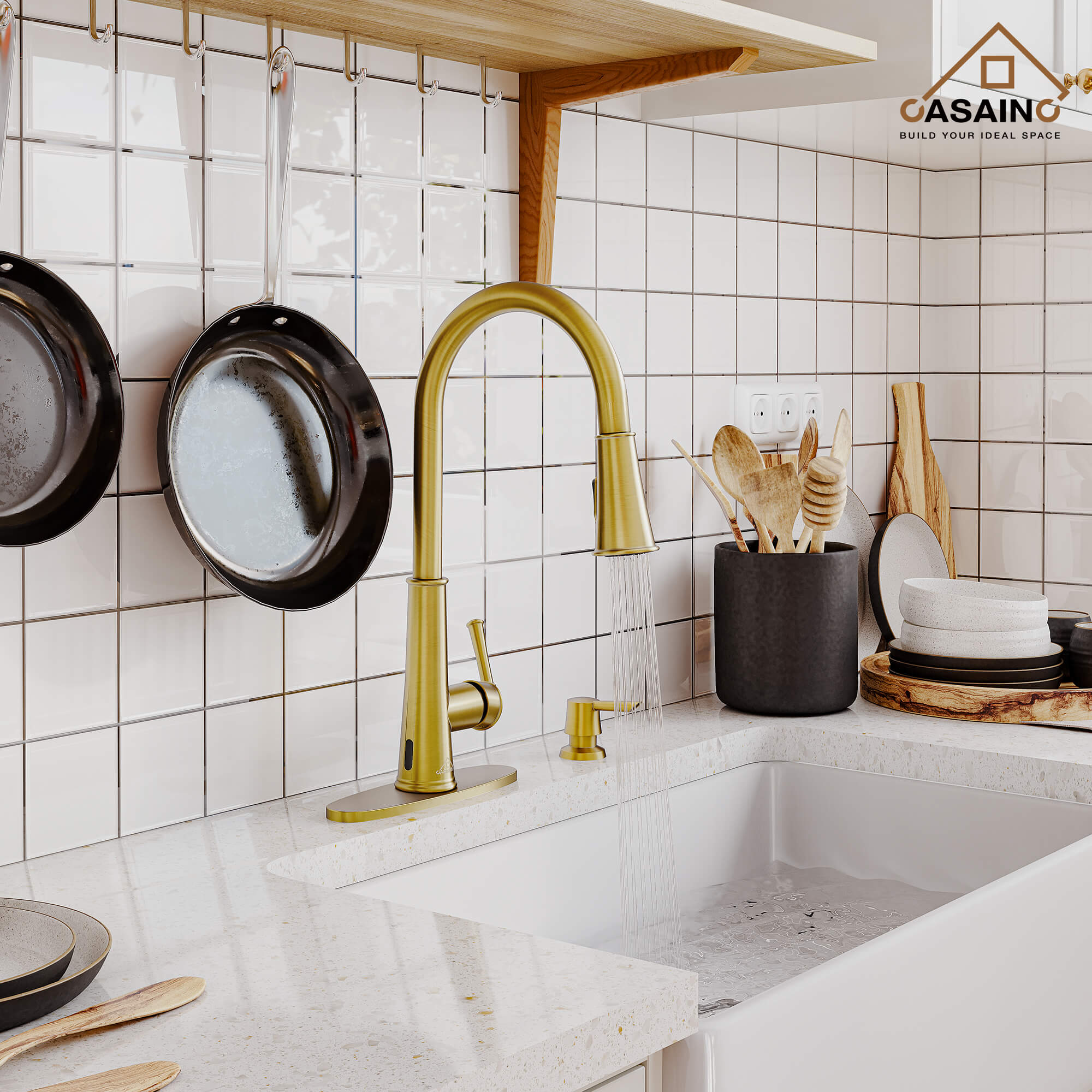 CASAINC Infrared Induction touchless pull down single handle Kitchen Faucet With LED Function in Matte Black/1.8gpm, soap dispenser contain-CASAINC