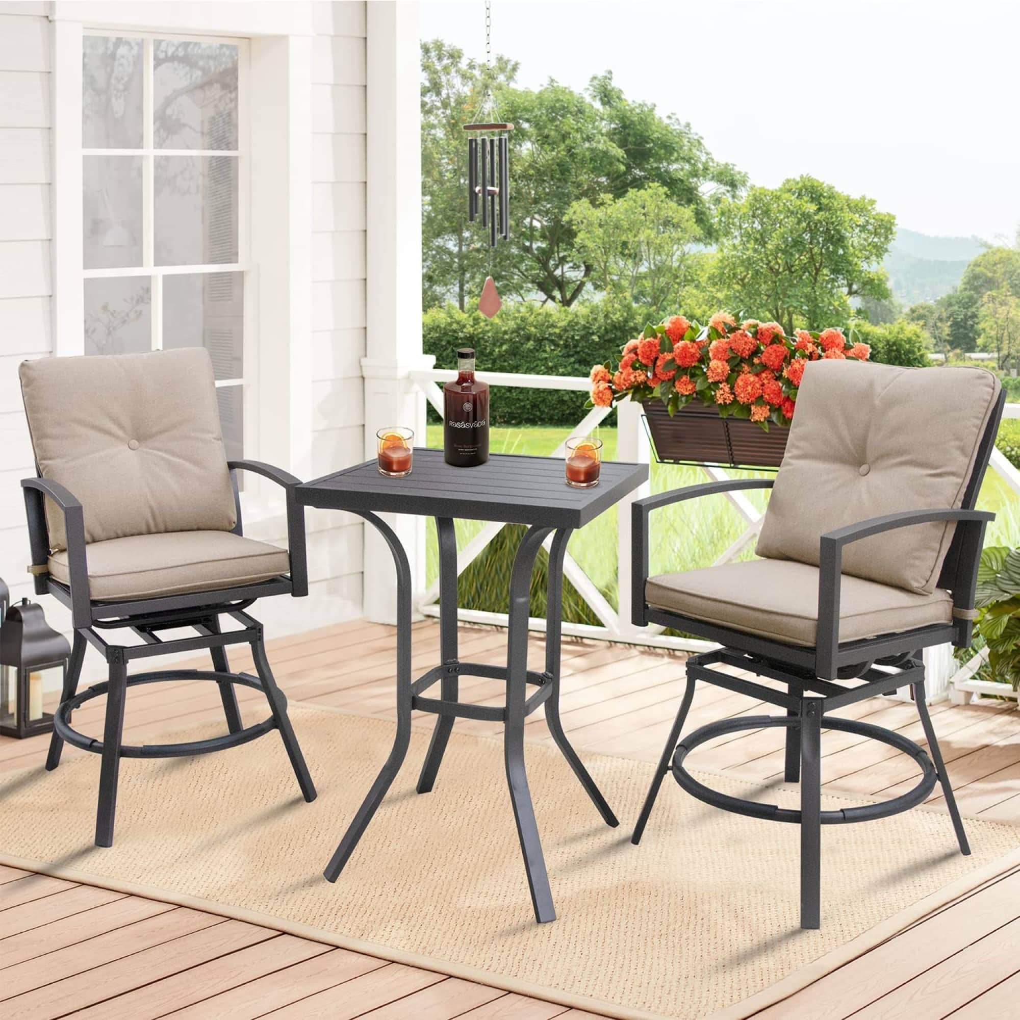 CASAINC 3 Piece Outdoor Patio All-Weather Metal Bar Height Bistro Set With 2 Swivel Cushioned Bar Stools