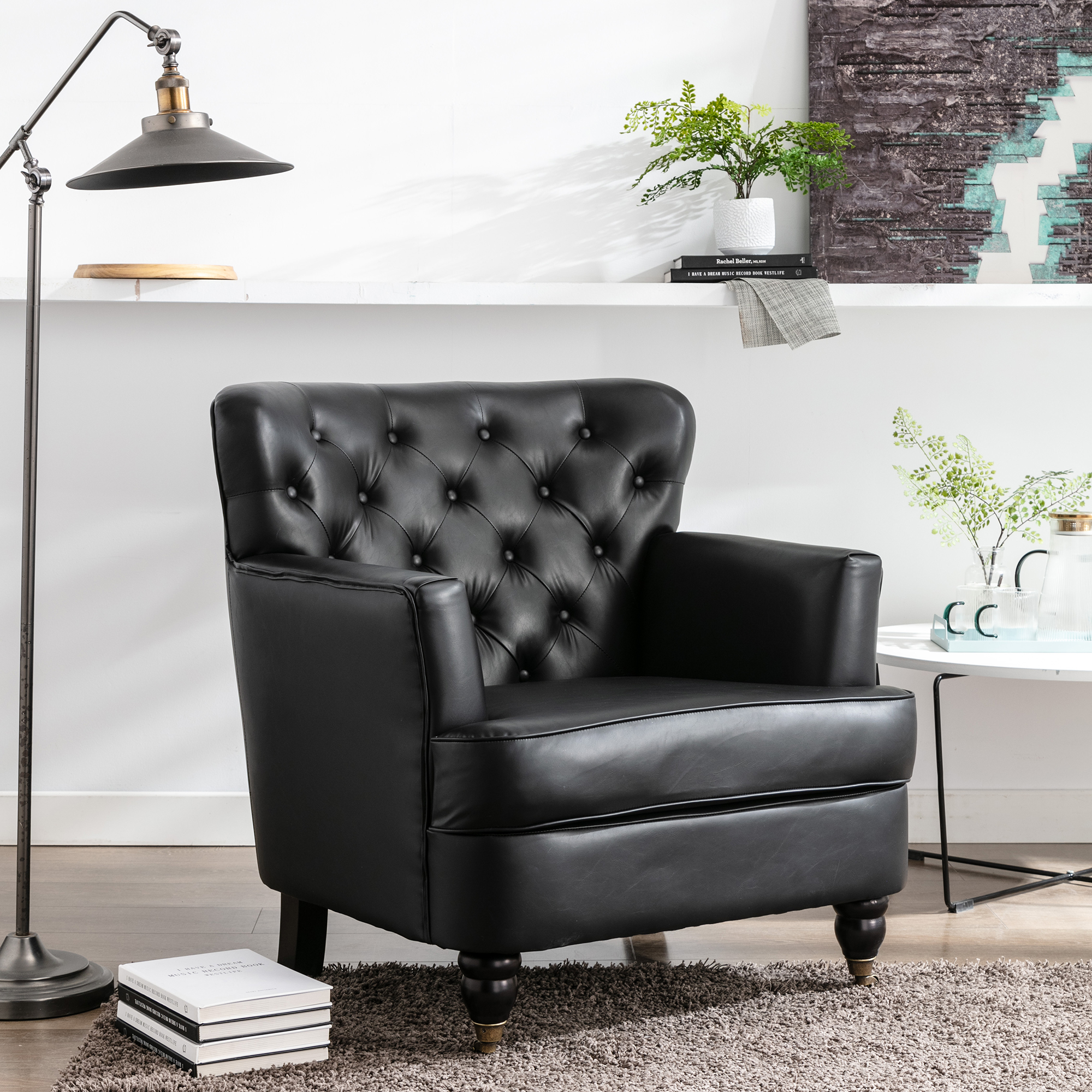 Hengming PU leather club chair ,Accent Chair for Living Room ,Office Arm Chair with Solid Wood Legs,Black-CASAINC