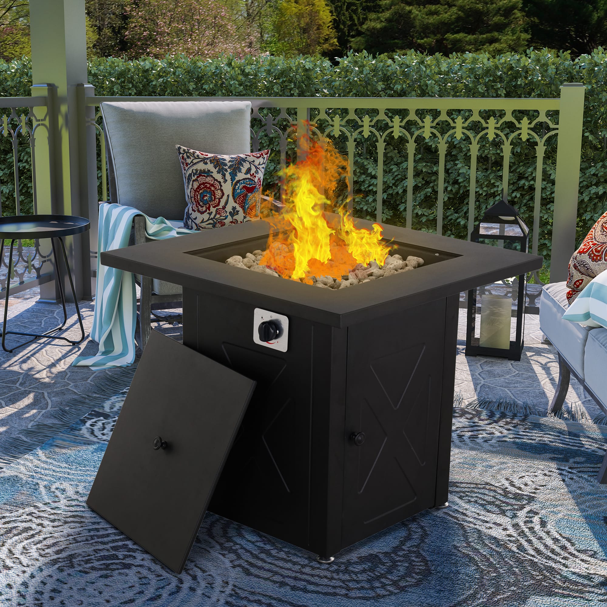 28 in. Full Iron Square with Gas Brazier Table and Table Lid