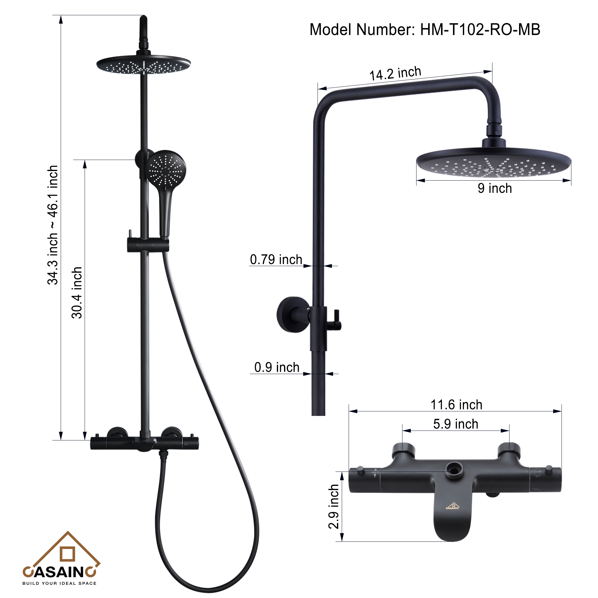 9" Thermostatic rain shower faucet  (matte black)-CASAINC