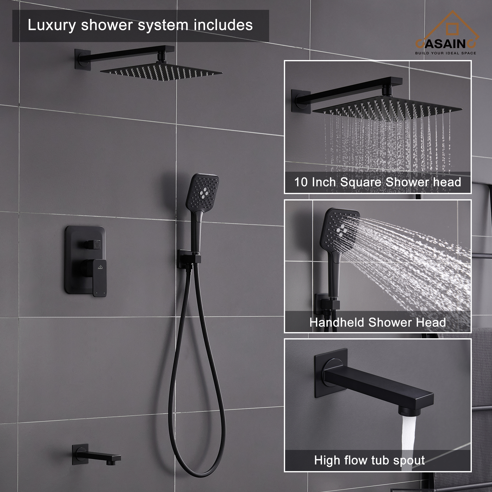 CASAINC 10 inch Square Wall-mounted rain shower faucet with pressure balanced valve