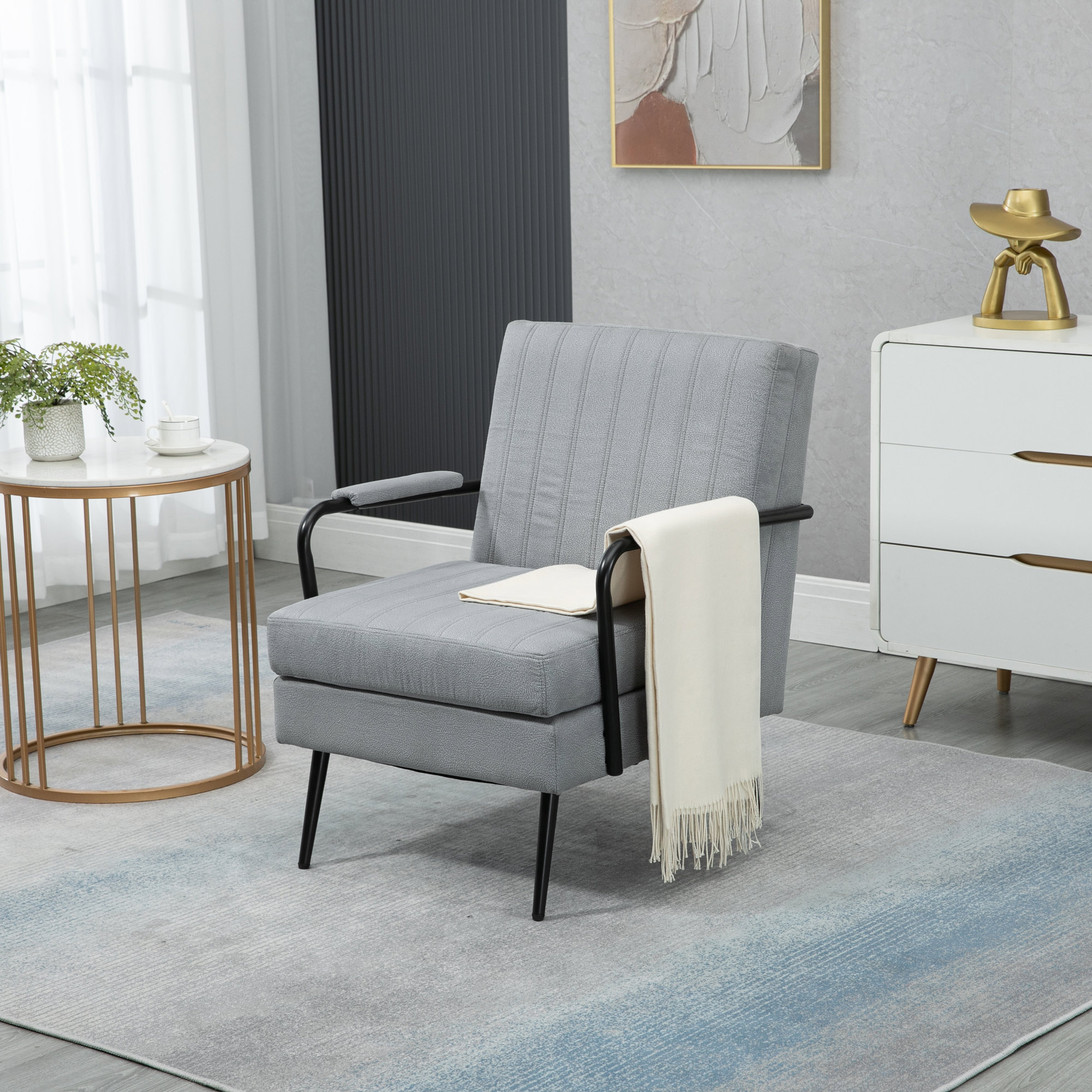 Mid-Century Modern Accent Chair Armchair, Lounge Chair Reading Chair with Metal Leg for Living Room Bedroom Office, Grey-CASAINC