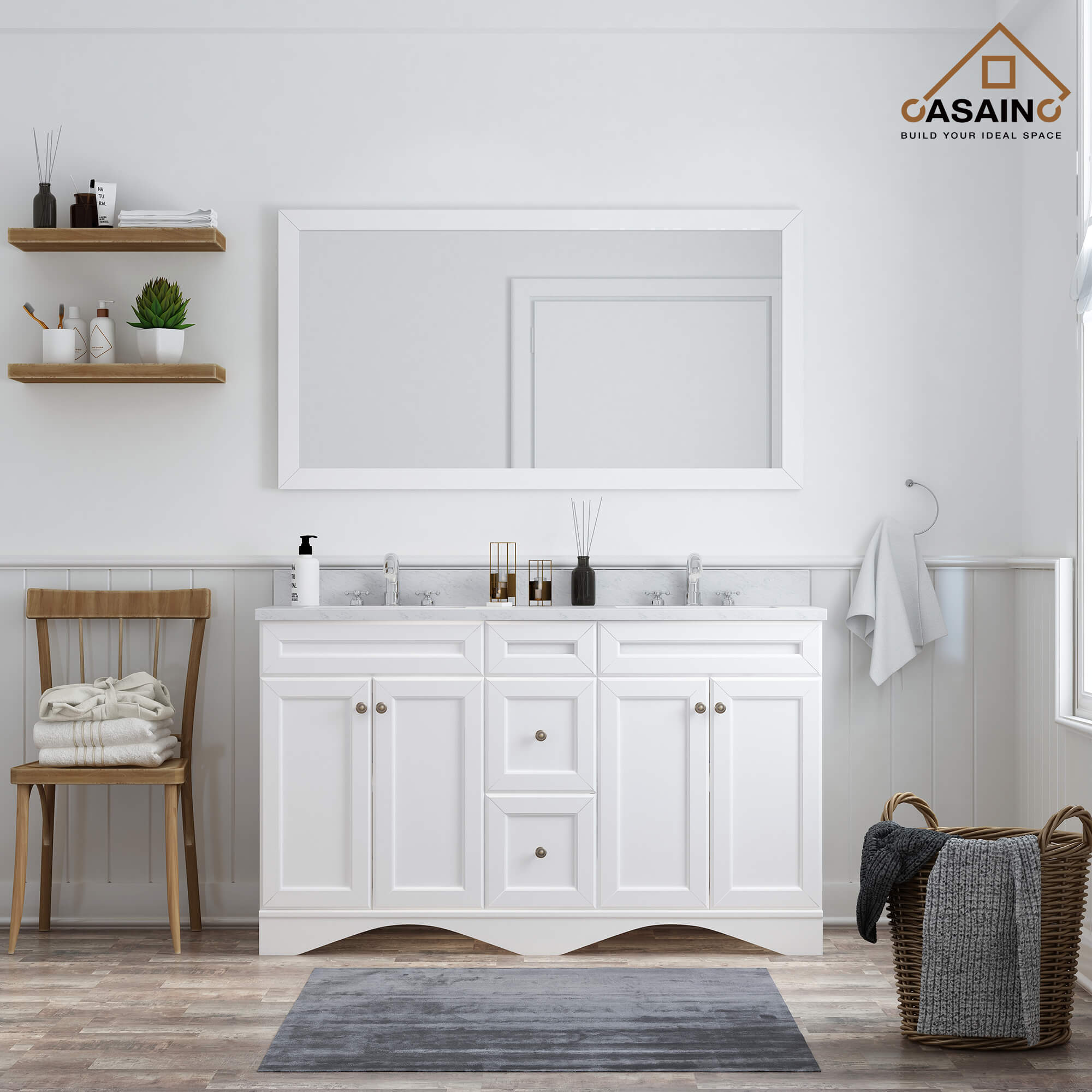 CASAINC 60 x 22 x 35.4 in. Solid Wood Bath Vanity with Marble Top and Backsplash in Gray/White (No/With Mirror)