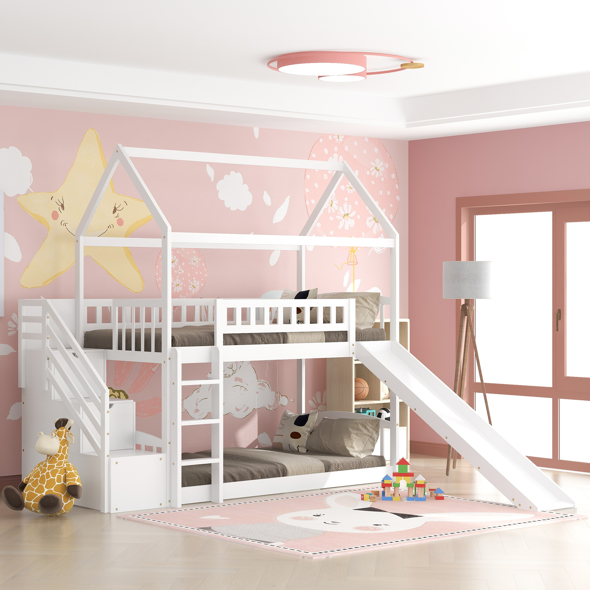 Twin Over Twin Bunk Bed with Drawers and Slide, House Bed with Slide,White(OLD SKU :LP000215AAK)-CASAINC