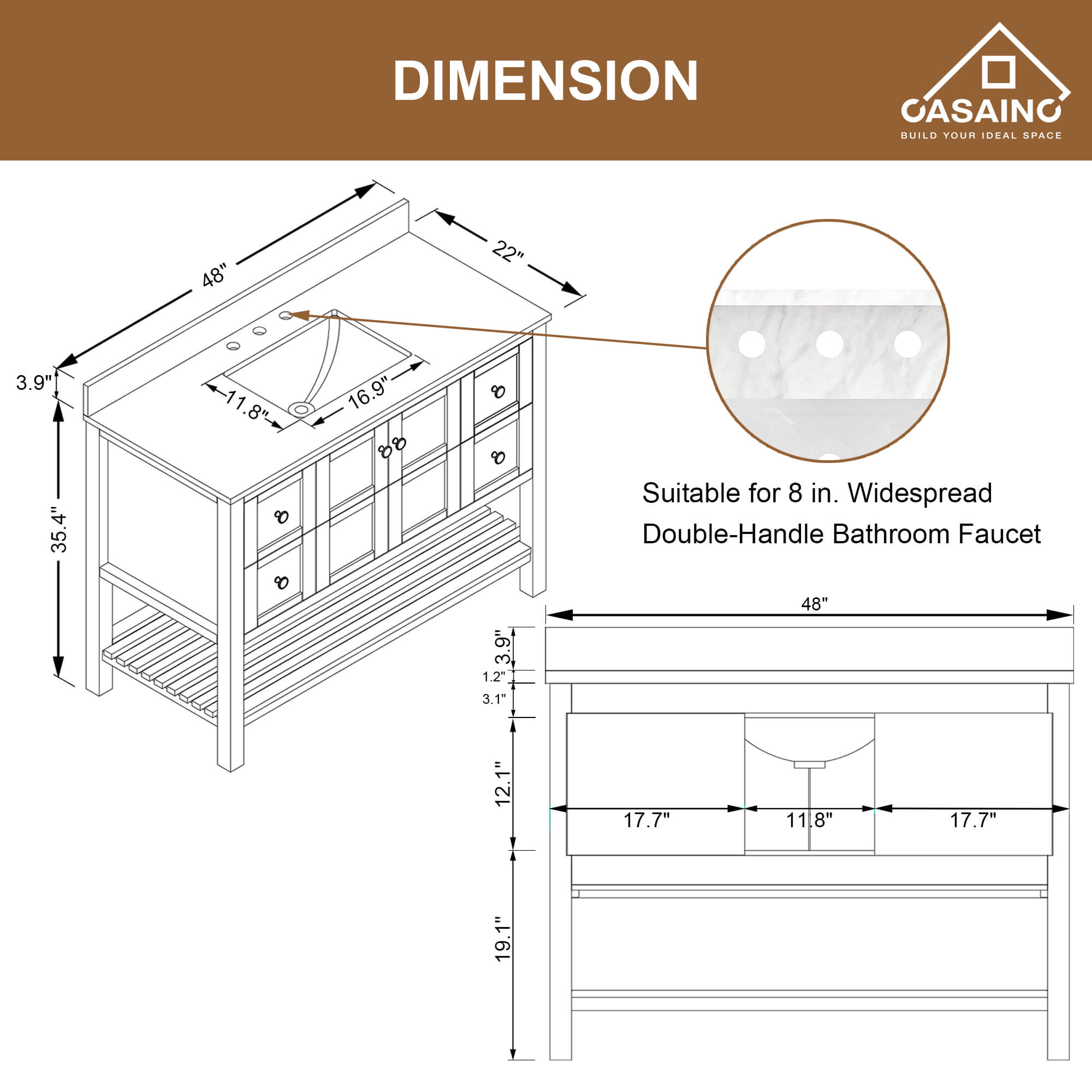 CASAINC 48 x 22 x 35.4 in. Solid Wood Navy Blue Bath Vanity with Carrara White Marble Countertop (No/With Mirror)