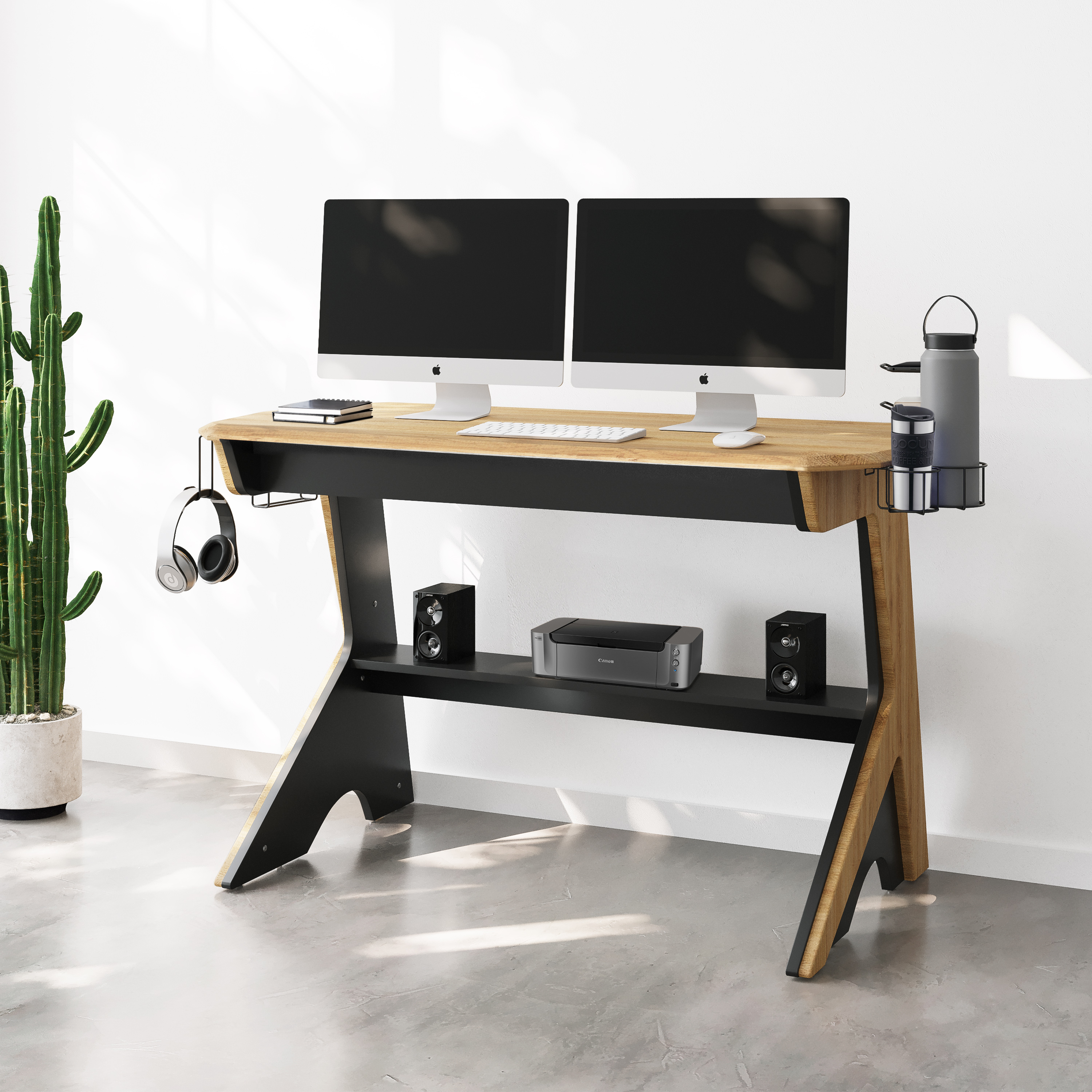 Techni Mobili Home Office Computer Writing Desk Workstation  with  Two Cupholders and a Headphone Hook- Pine-CASAINC