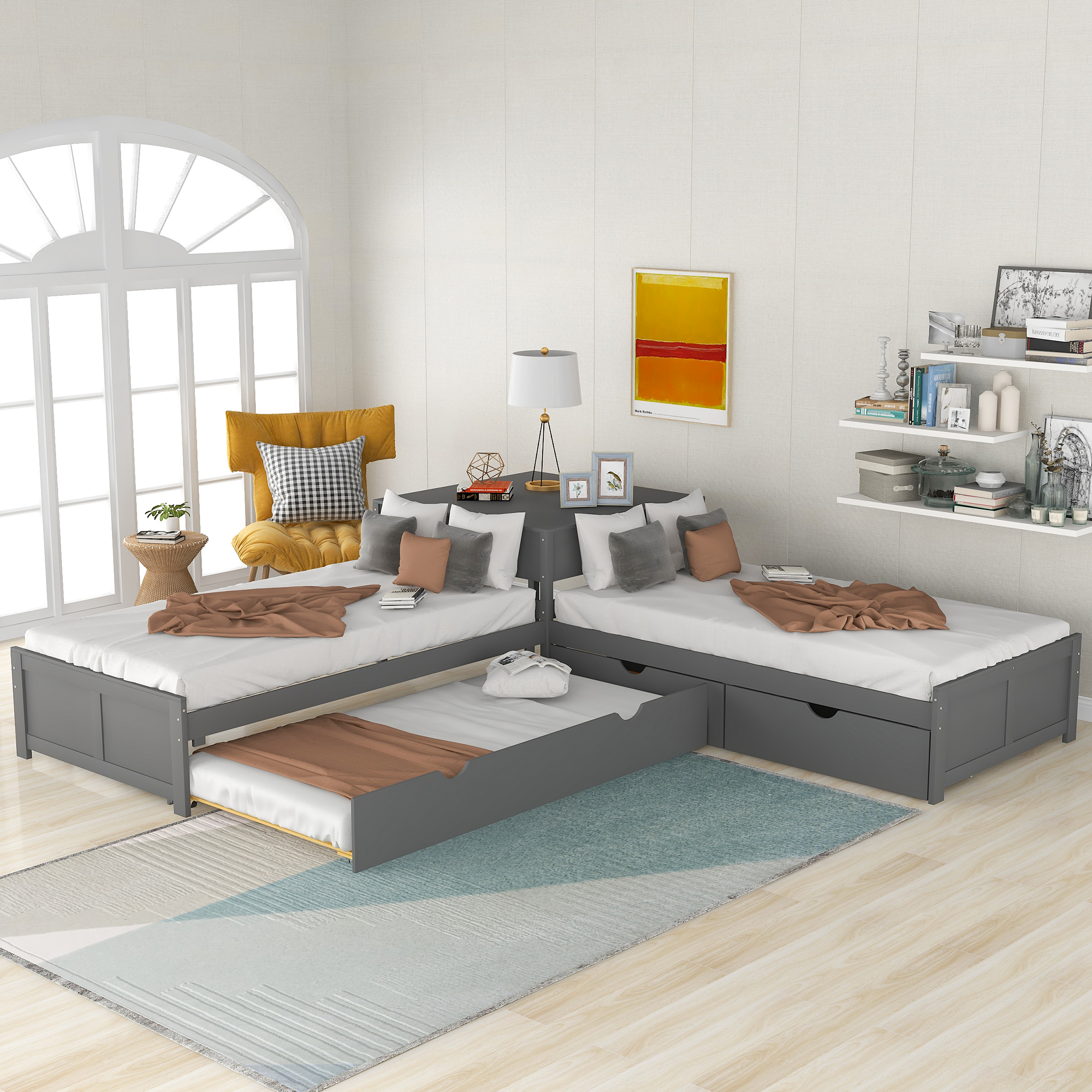 L-shaped Platform Bed with Trundle and Drawers Linked with built-in Desk,Twin,Gray-CASAINC