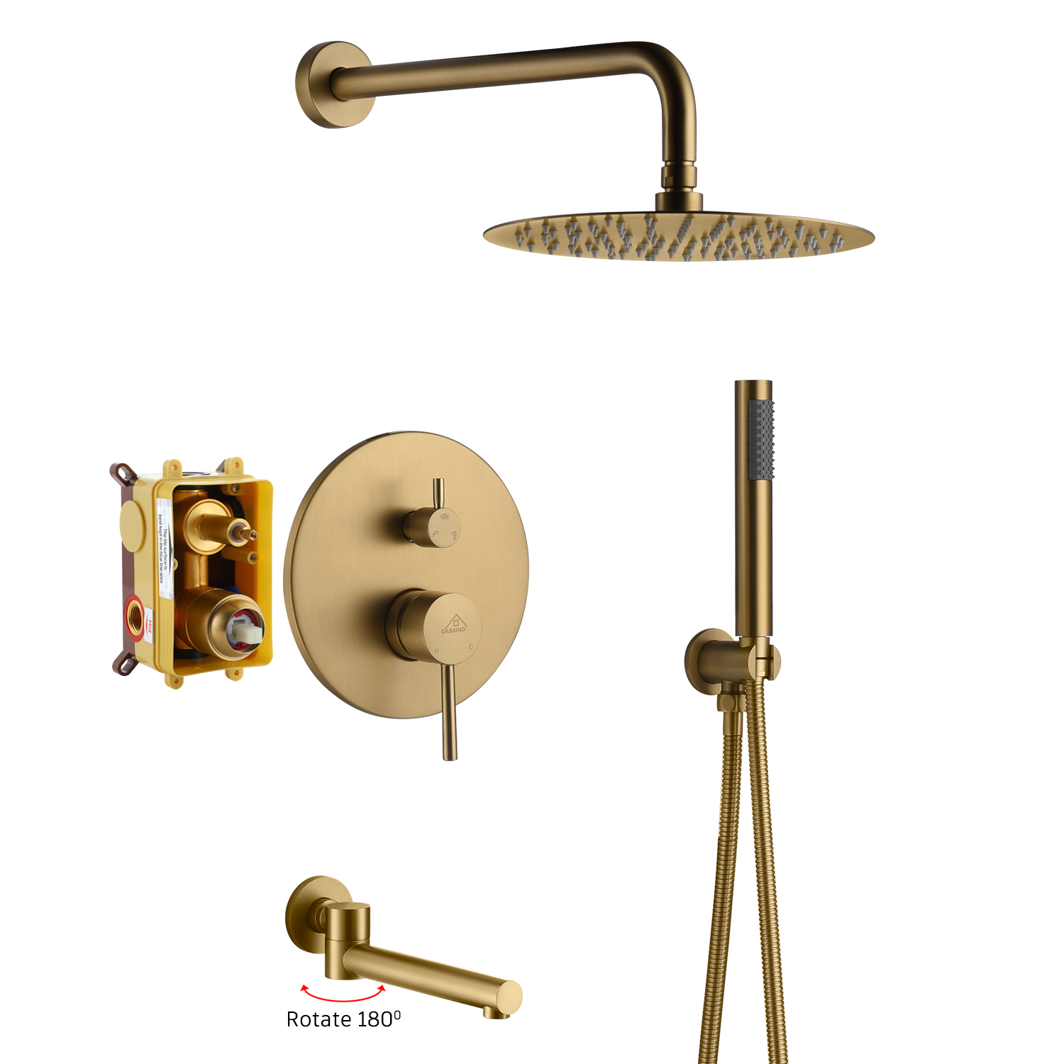 Casainc Round 3 Functions Wall Mount Dual Shower Heads Shower System In Brushed Gold, shower heads