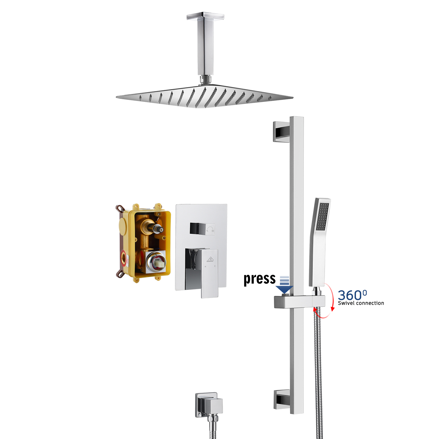 CASAINC 2 Function 10" Ceiling Mount Dual Shower Heads Shower System With Sliding Rod Shower Hand