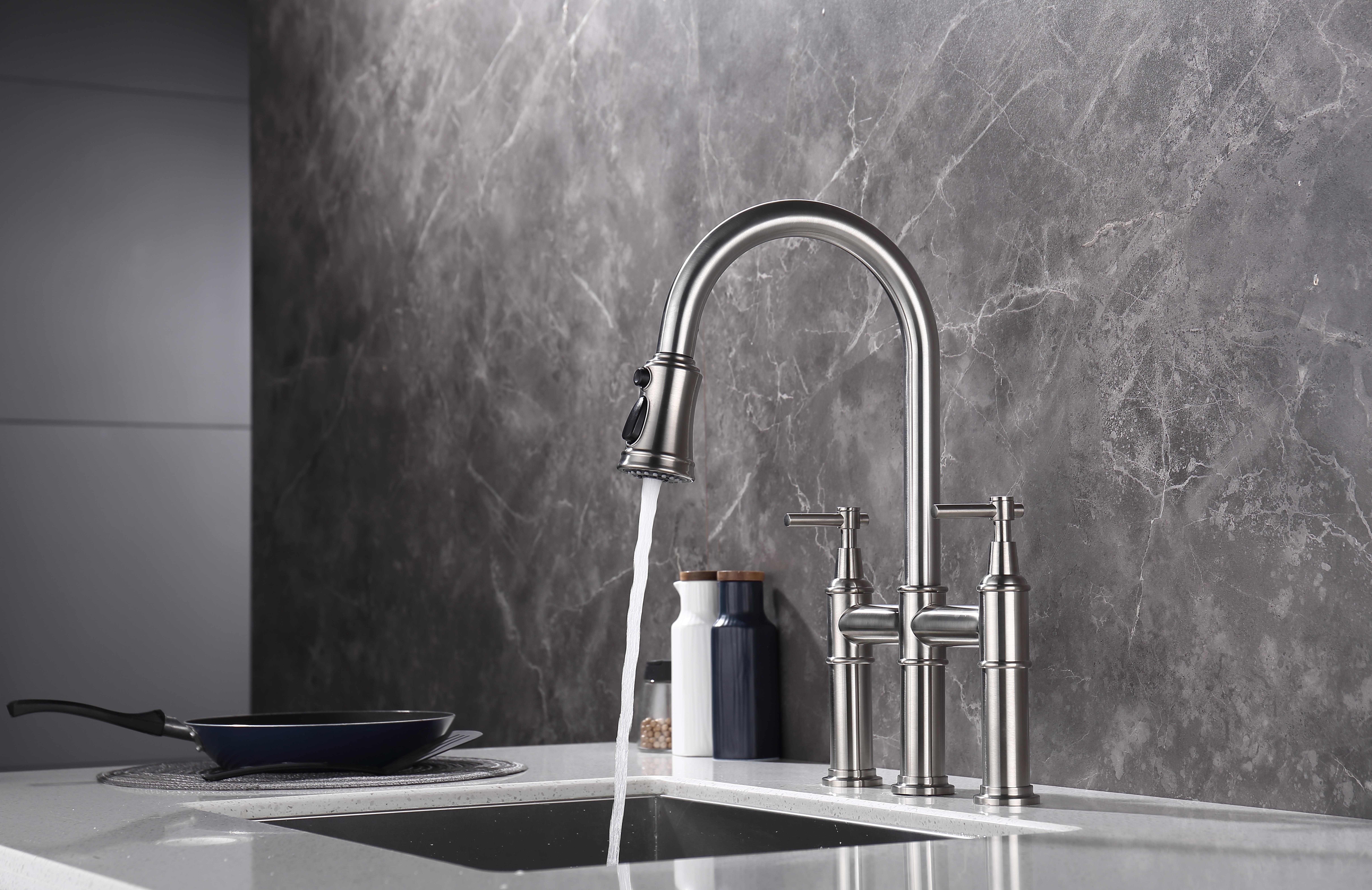 Bridge Kitchen Faucet with Pull-Down Sprayhead in Spot