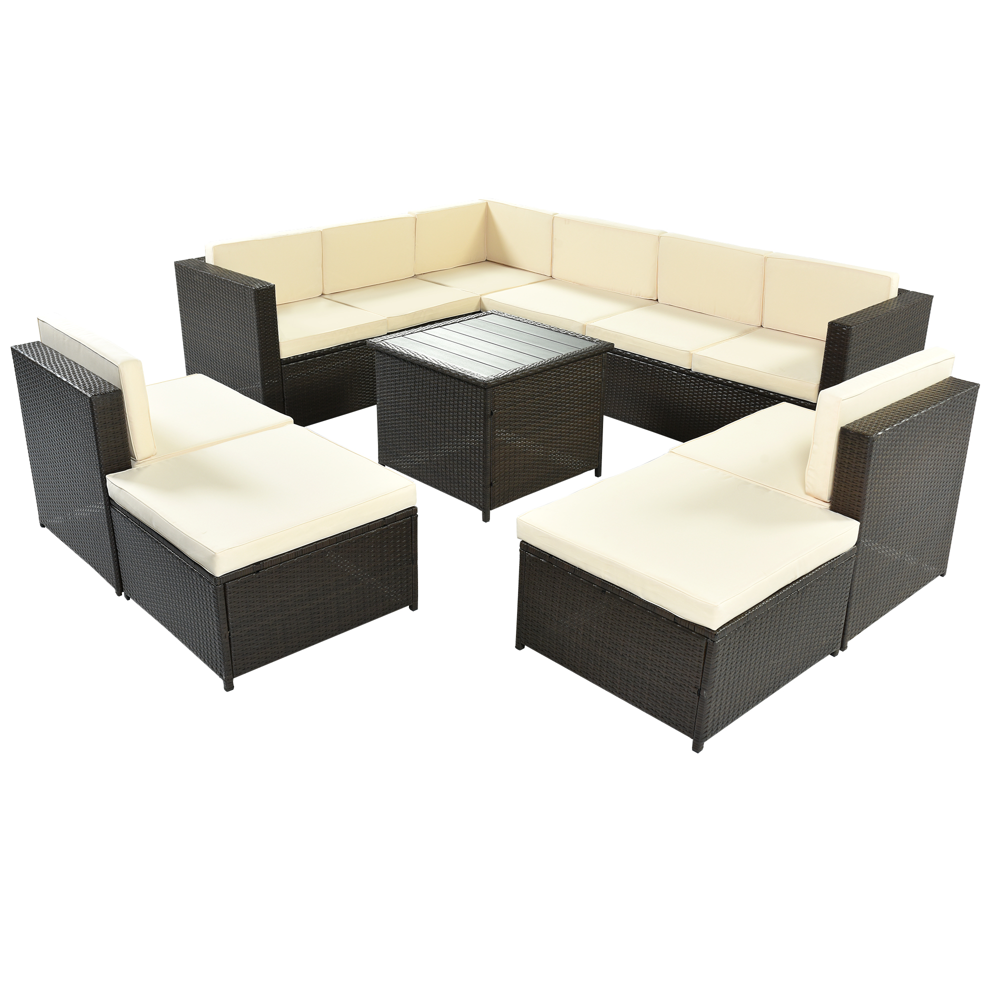 9 Piece Rattan Sectional Seating Group with Cushions and Ottoman, Patio Furniture Sets, Outdoor Wicker Sectional-CASAINC