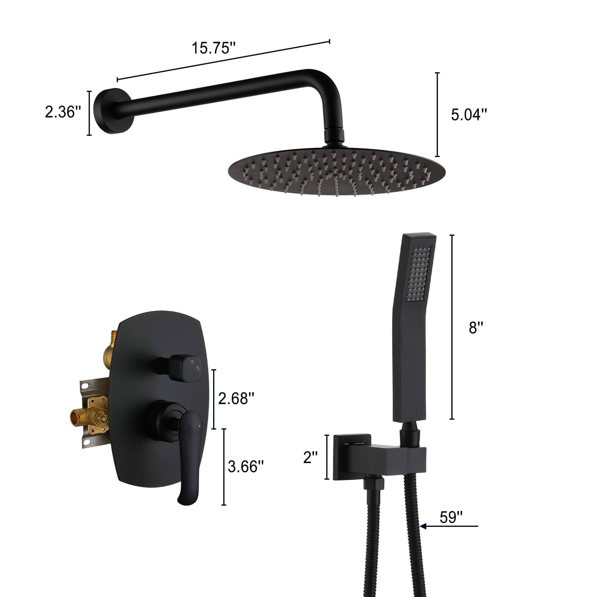 Casainc Matte Black Round Built-in Shower System with Handheld Shower