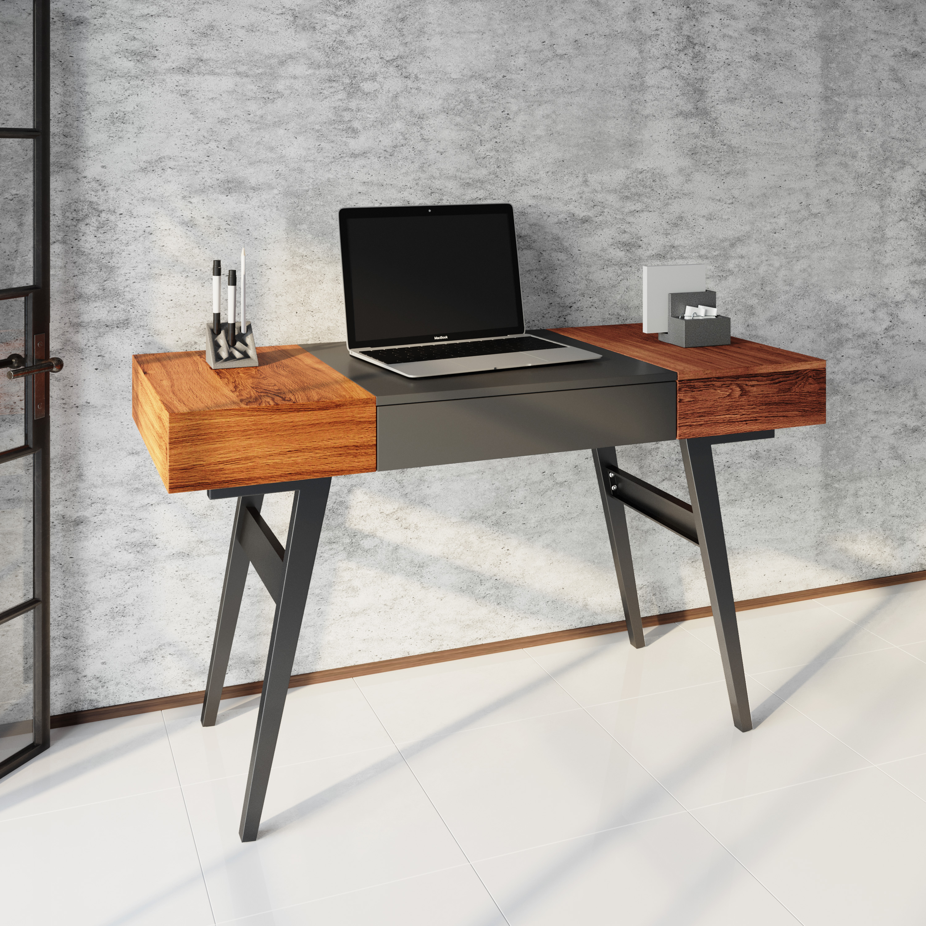 Techni Mobili  Writing Desk - Dual Side  Pull-Out Front Drawer  - Coated Grey Steel Frame - Mahogany-CASAINC
