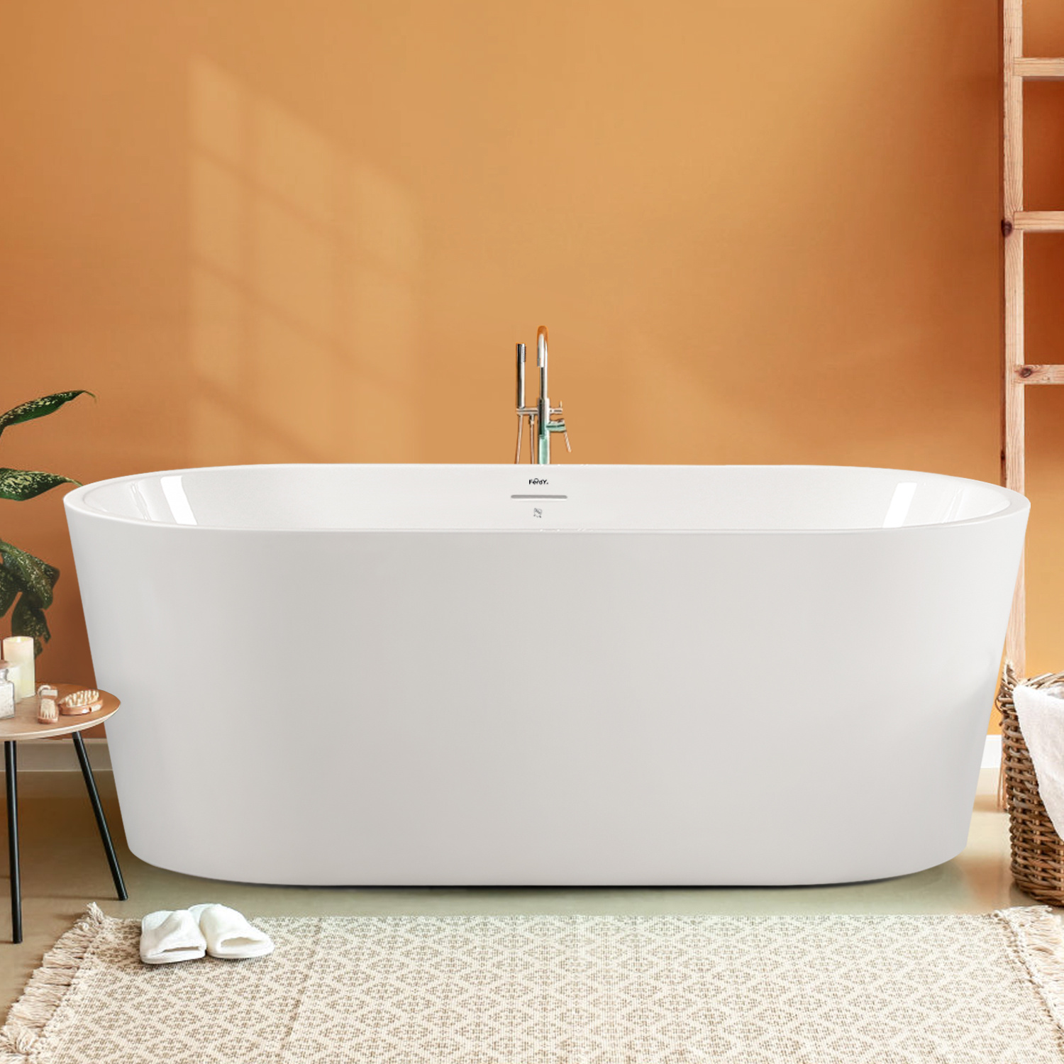 59 inch Acrylic Freestanding Bathtub, Small Classic Oval Shape Acrylic Soaking Bathtub with Brushed Nickel Drain & Minimalist Linear Design Overflow-CASAINC