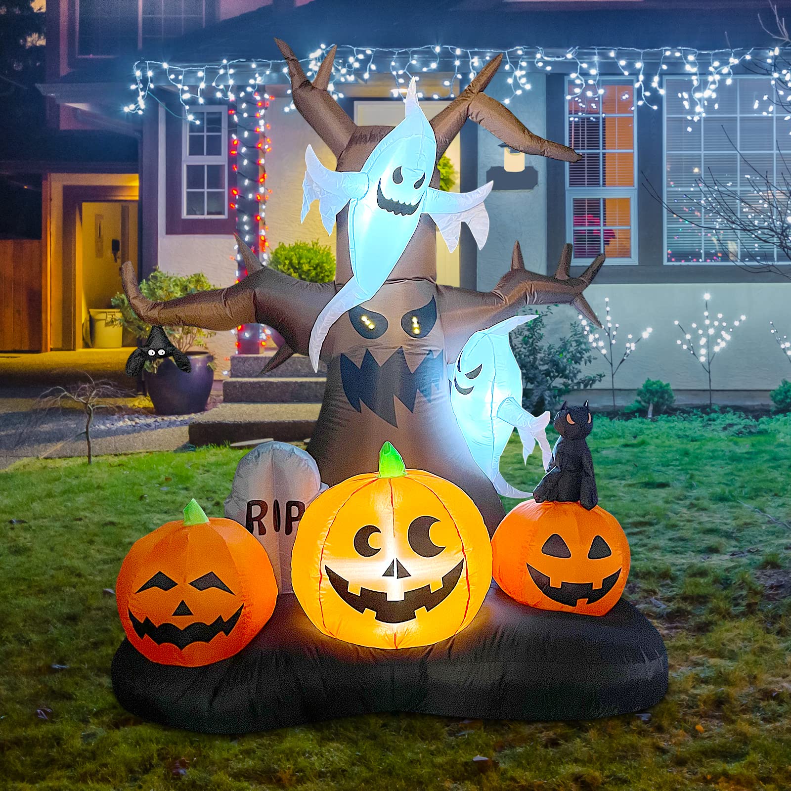 CASAINC 8 Feet Inflatable Halloween Dead Tree Blow Up Ghost with Built-in LED Lights