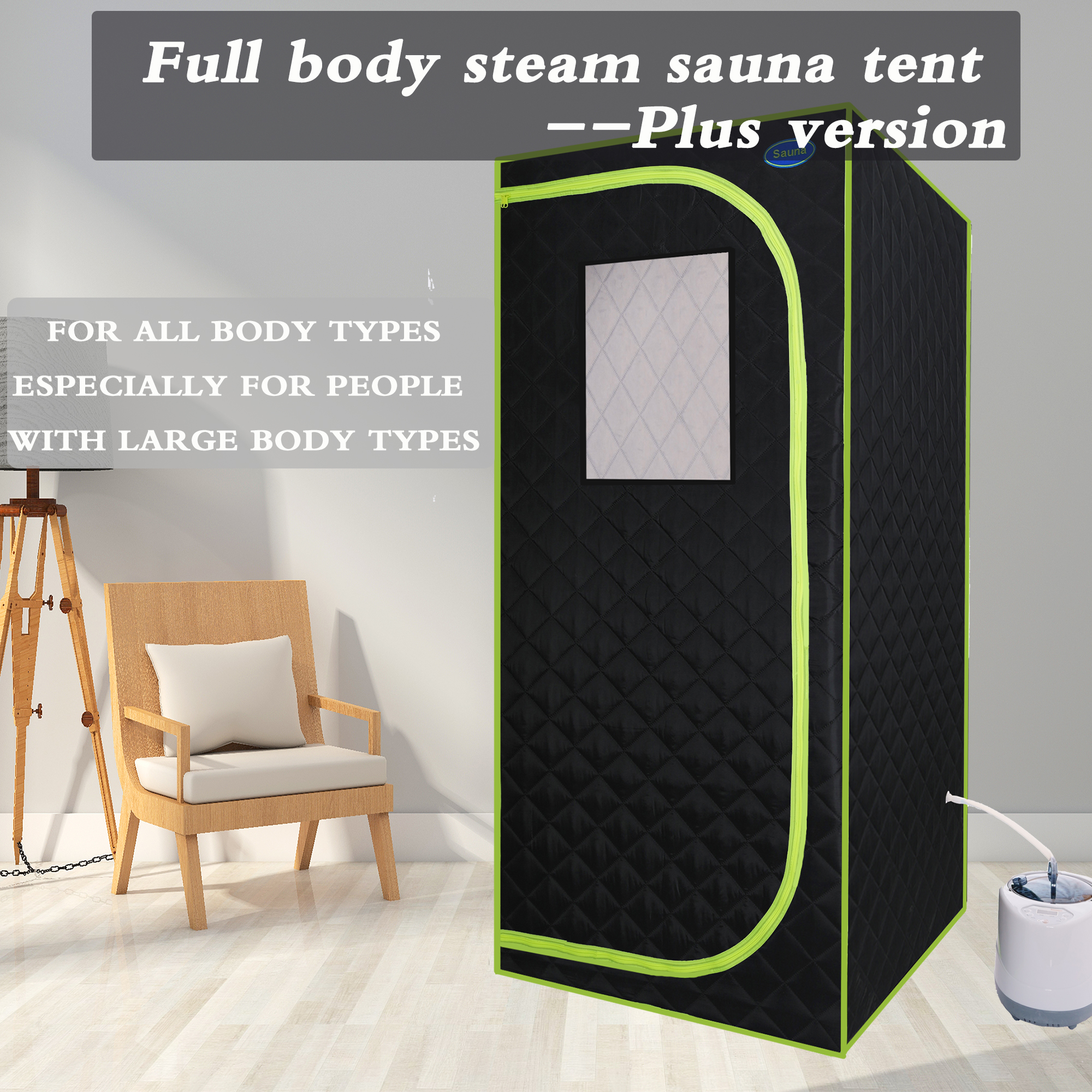 Portable Plus Type Full Size Steam Sauna tent. Spa, Detox ,Therapy and Relaxation at home.Larger Space,Stainless Steel Pipes Connector Easy to Install, with FCC Certification--Black(Green binding)-CASAINC