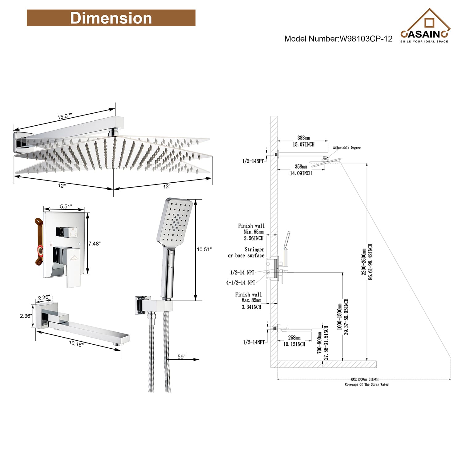 CASAINC Shower System with Rain Shower and Handheld and Tub Faucet Shower Set 