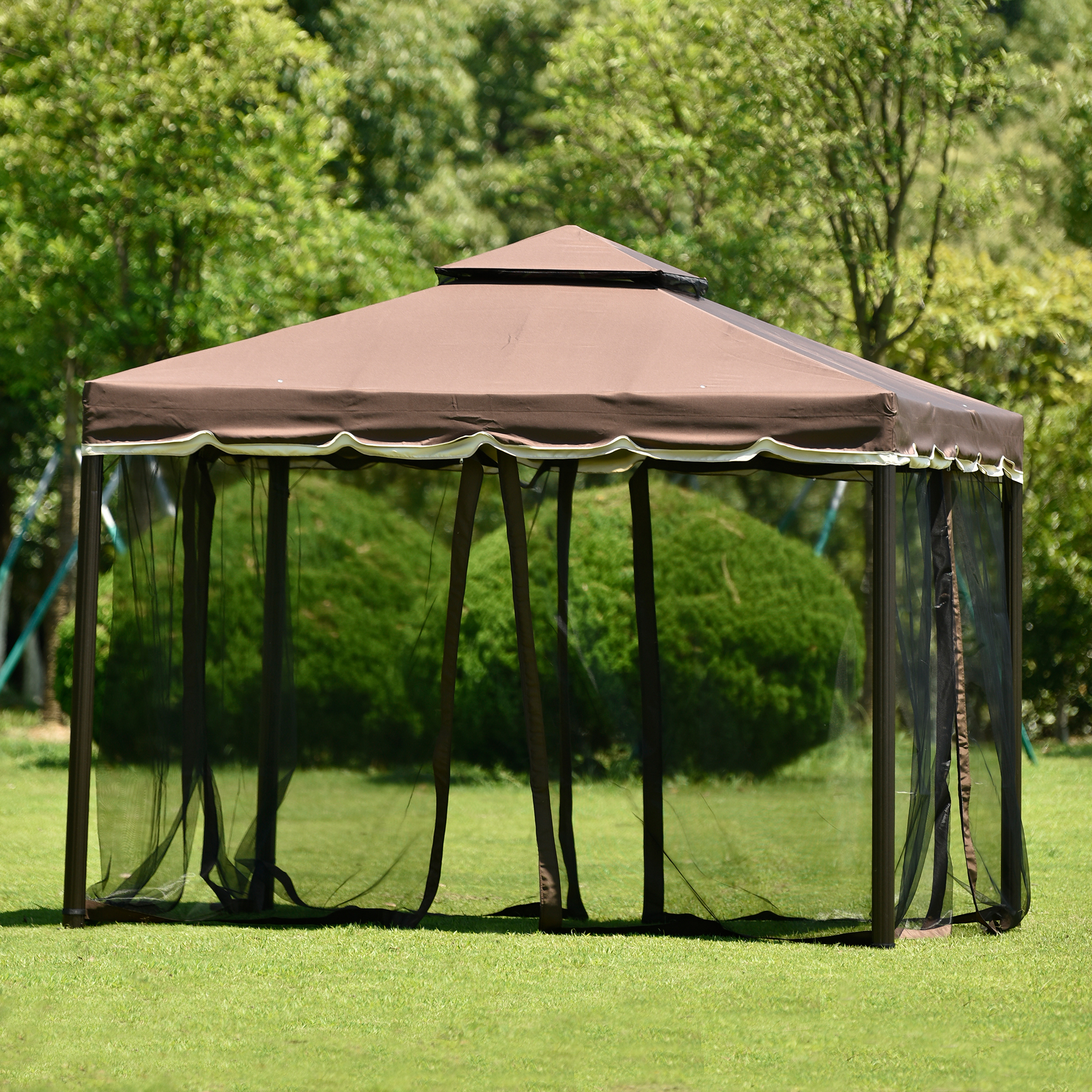 9.8Ft. Wx8.8Ft. H Outdoor Steel Vented Dome Top Patio Gazebo with Netting for Backyard, Poolside and Deck, Brown-CASAINC