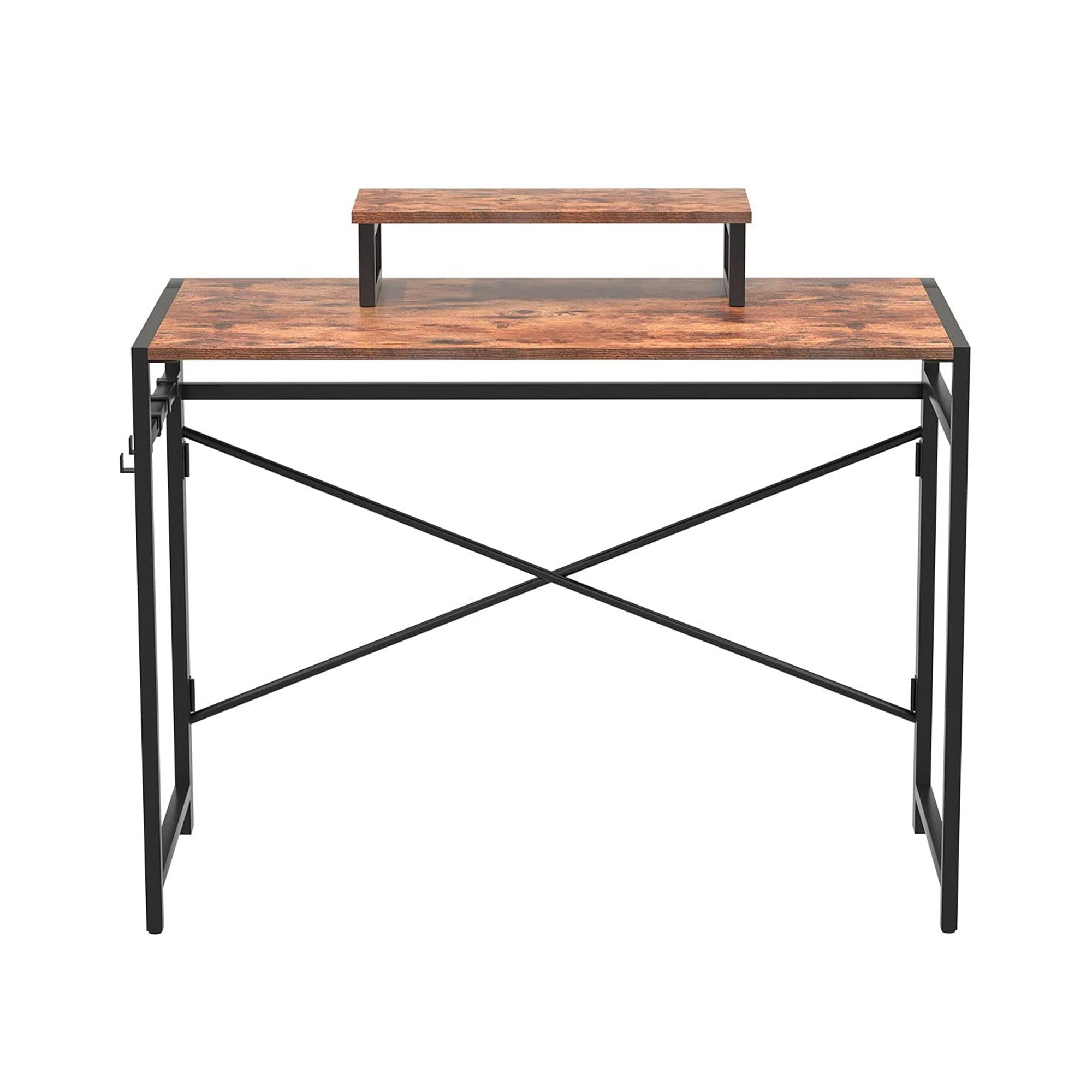 Folding Desk No Need to Assemble 55” Desk, with Monitor Lifter and 3 Hooks (Brown)-CASAINC