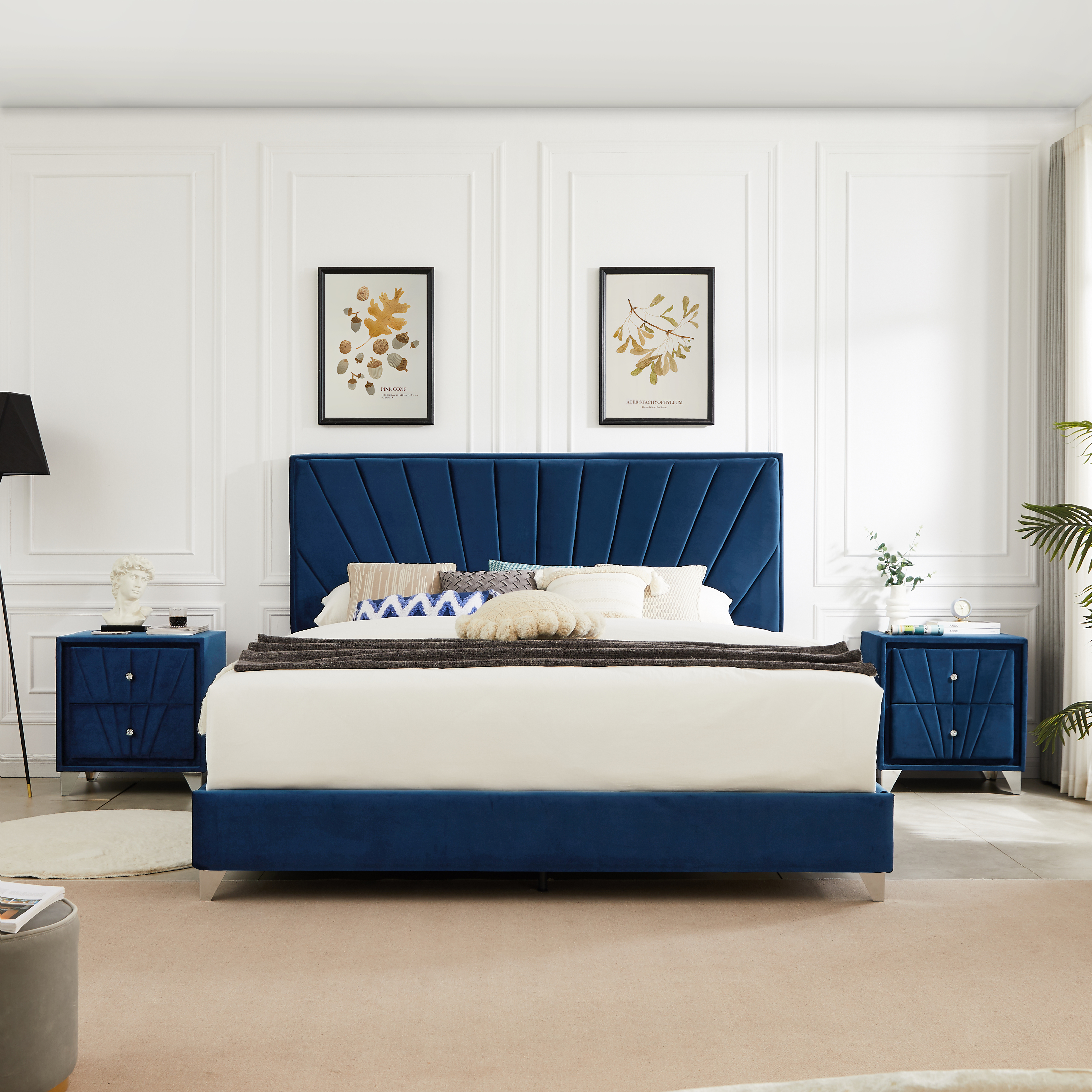B108 Beautiful line stripe cushion headboard Full bed, strong wooden slats + metal support feet, Dark Blue Flannelette-CASAINC