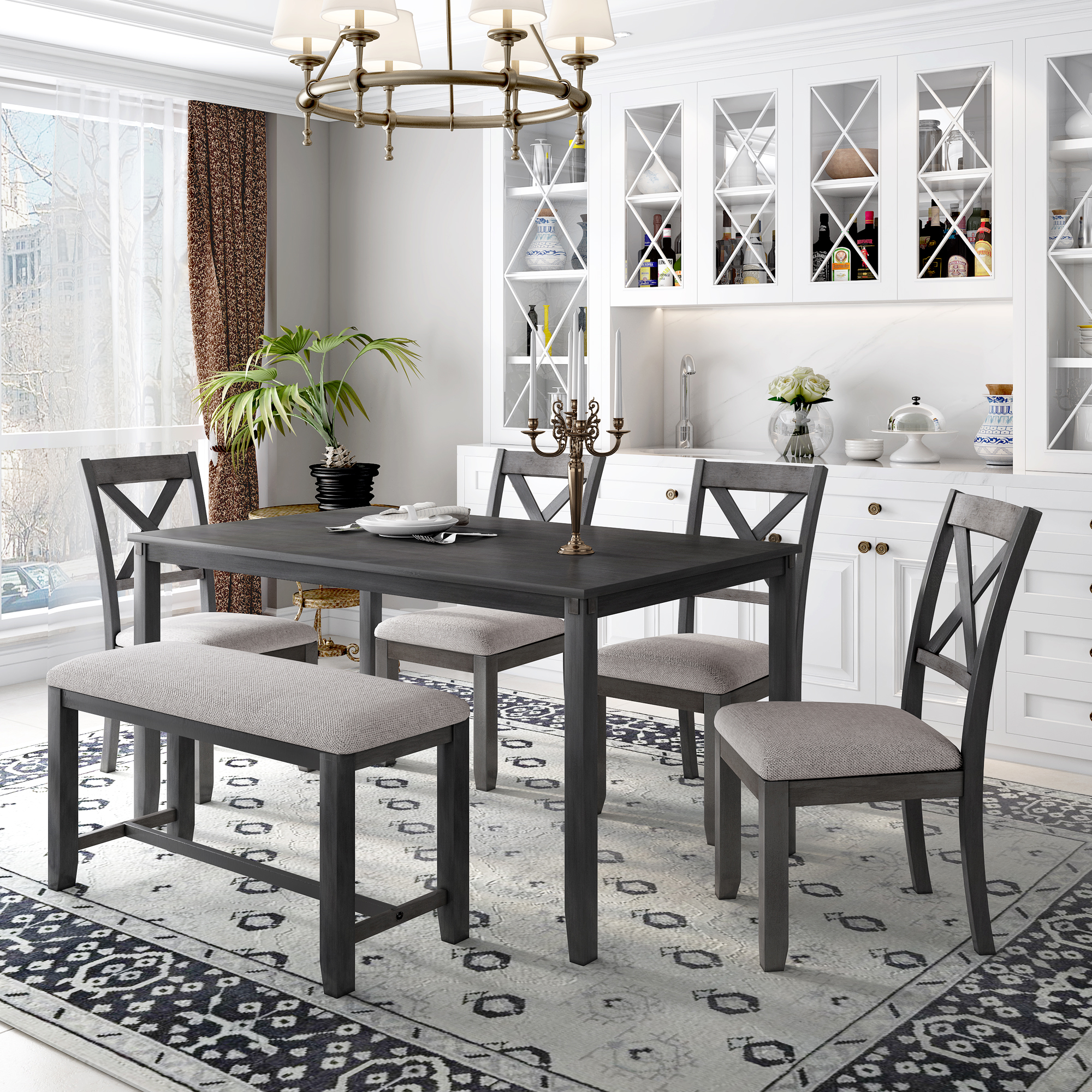 TREXM 6-Piece Kitchen Dining Table Set Wooden Rectangular Dining Table, 4 Dining Chair and Bench Family Furniture (Grey)-CASAINC