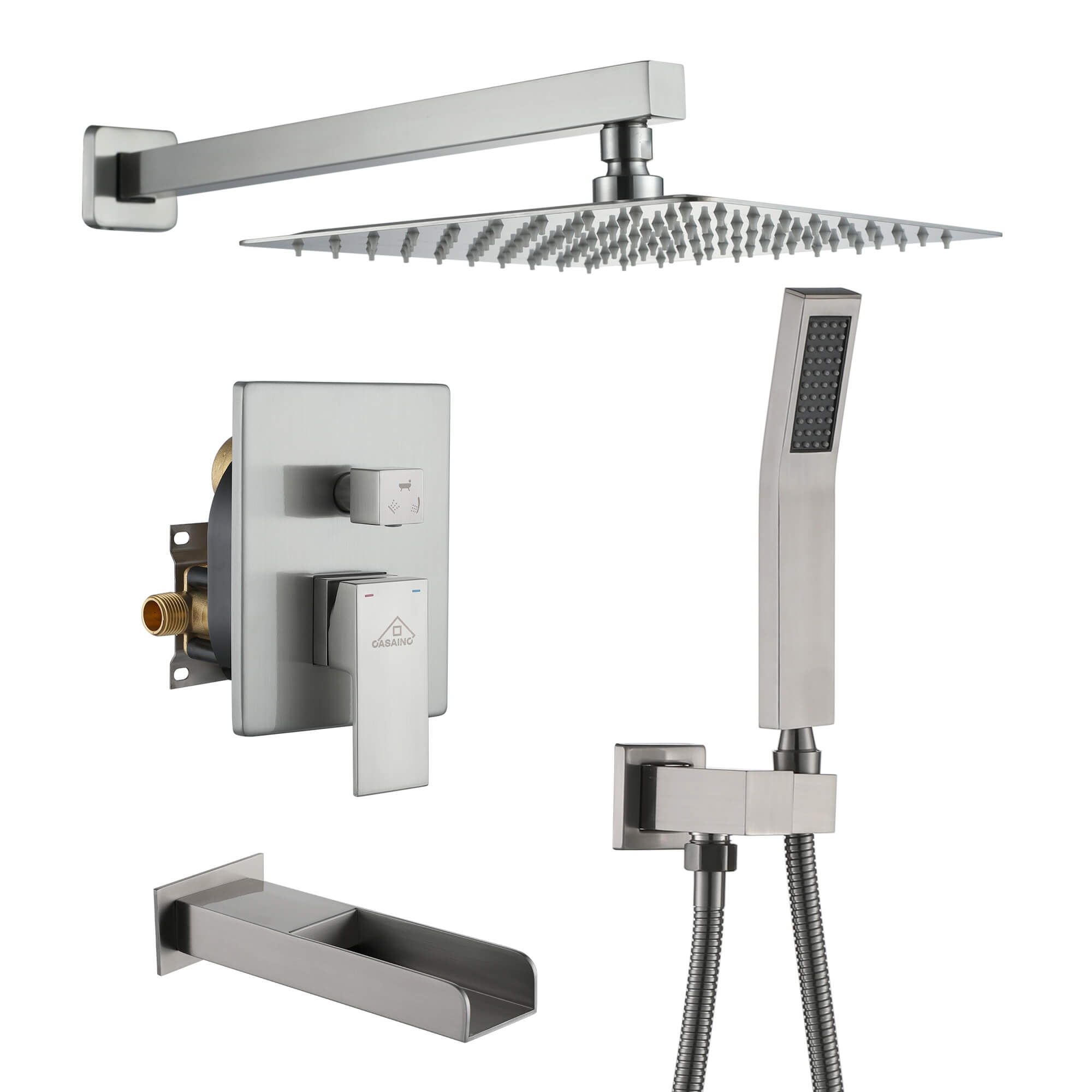 CASAINC Wall Mounted Shower System with Handheld Shower and Bathtub Faucet in Brushed Nickel